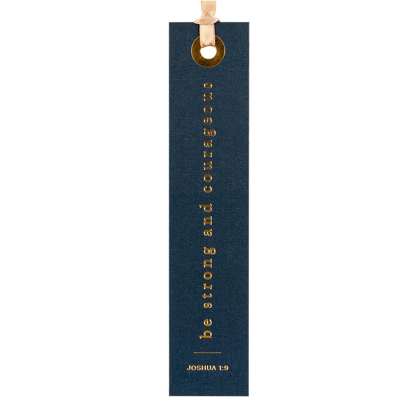Dark blue bookmark with gold text and a wooden clip on a white background