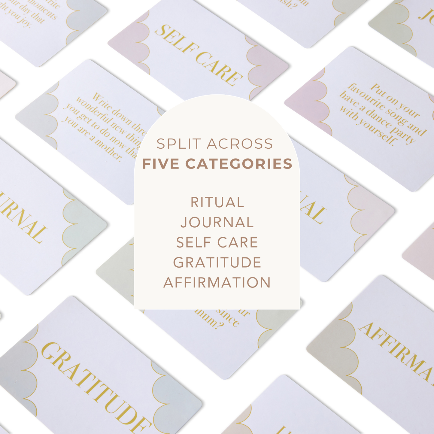 Collage of cards with text categories including 'Self Care', 'Ritual Journal', 'Gratitude', and 'Affirmation' on a light background.