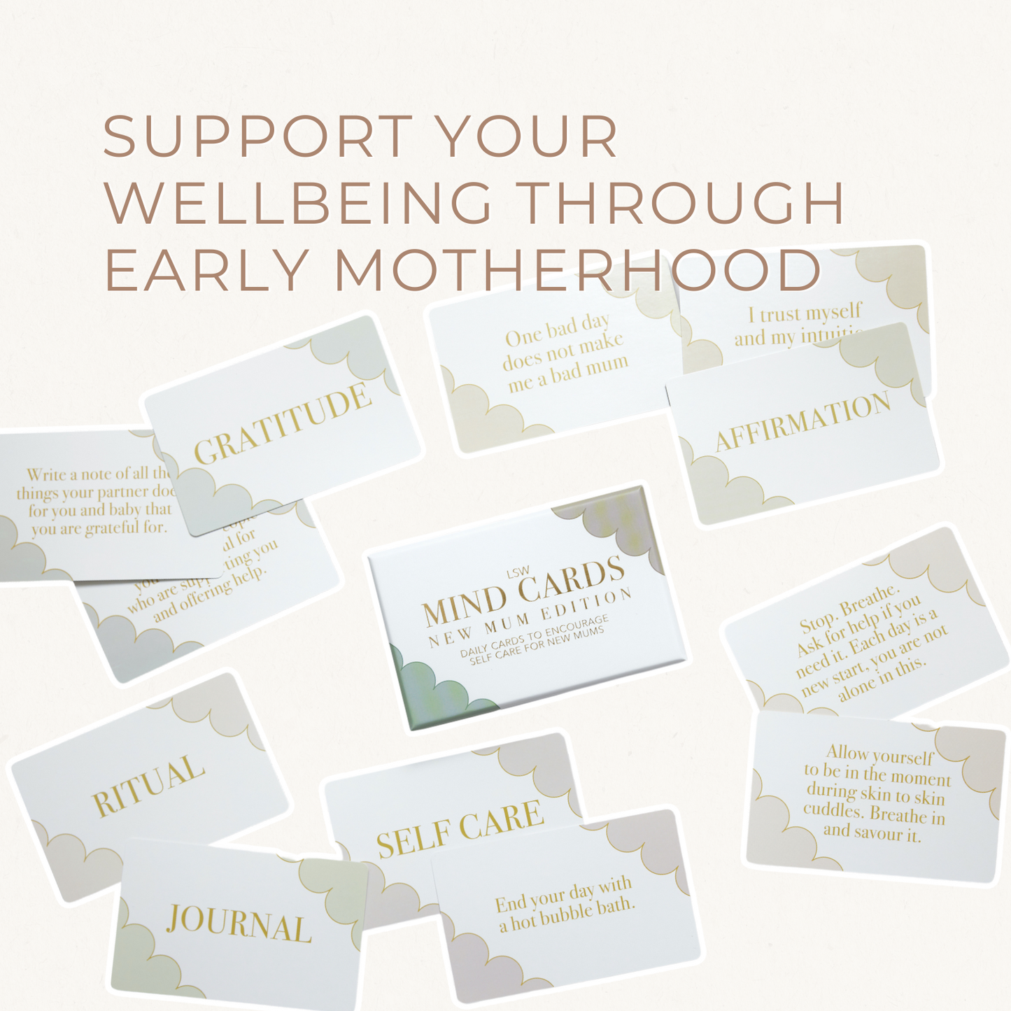 Set of 'Mind Cards' for new mothers with various prompts on a white background.
