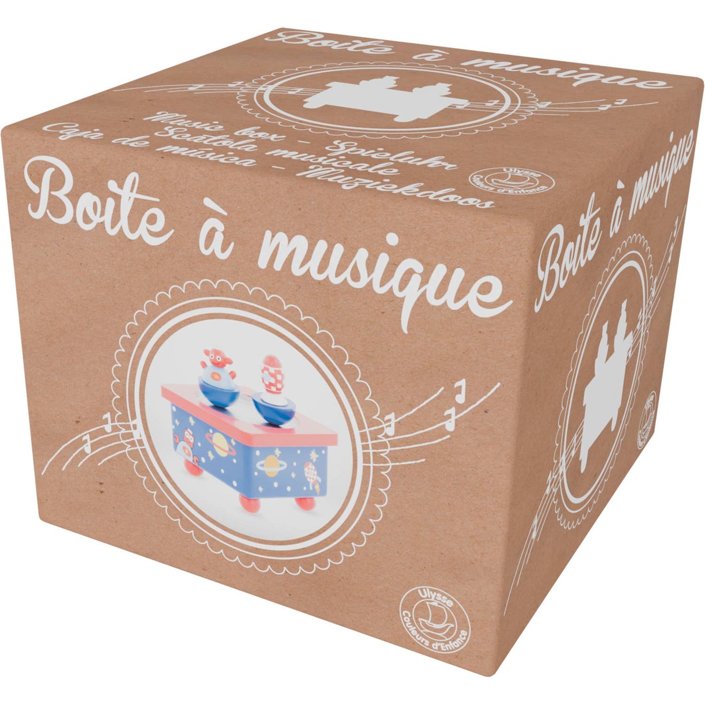 Cardboard box with musical design and text on a white background