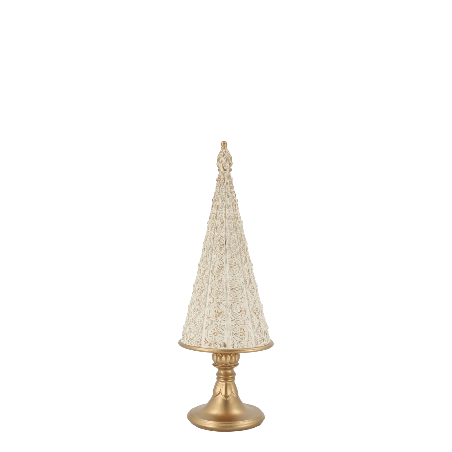 Decorative cone-shaped object with textured surface on a gold stand against a white background