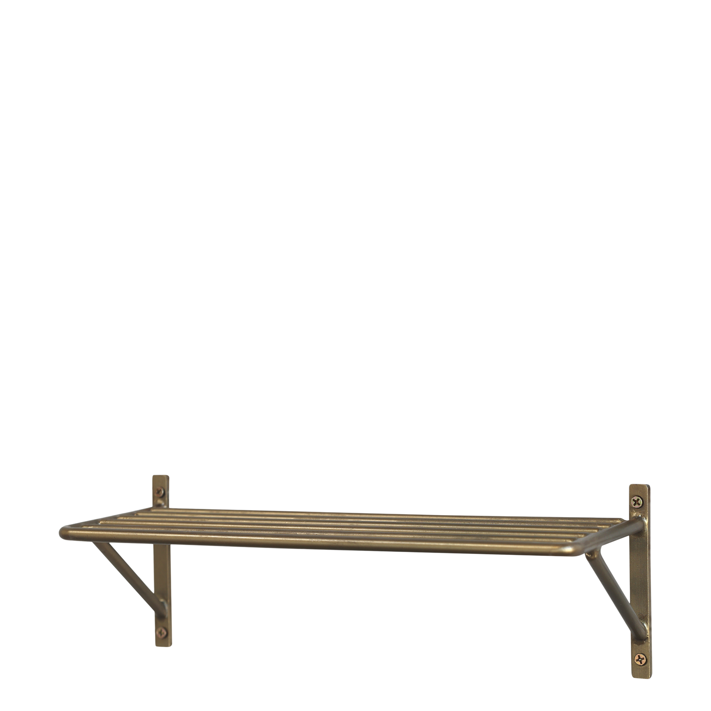 Wall-mounted metal shelf with brackets on a white background