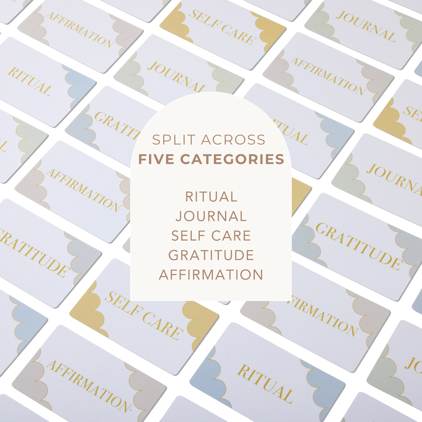 Collage of self-care journal cards with categories like ritual, journal, self-care, gratitude, and affirmation.