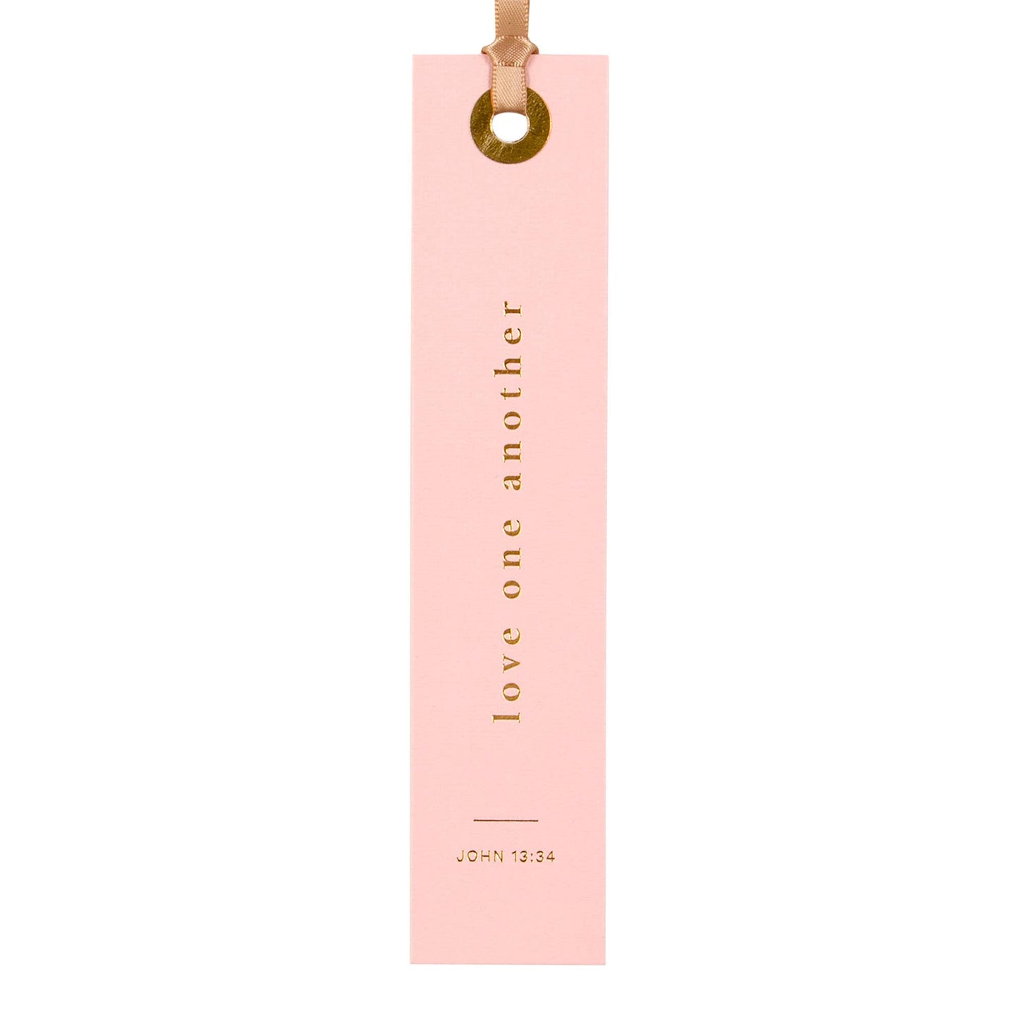 Pink bookmark with 'Love one another' text on a white background