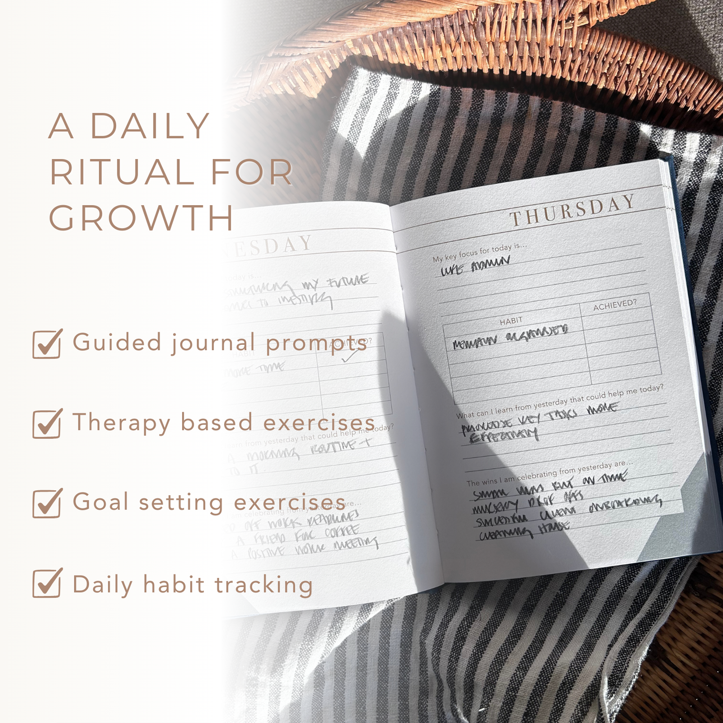 Open journal with daily entries on a striped fabric background, featuring text about a daily ritual for growth.