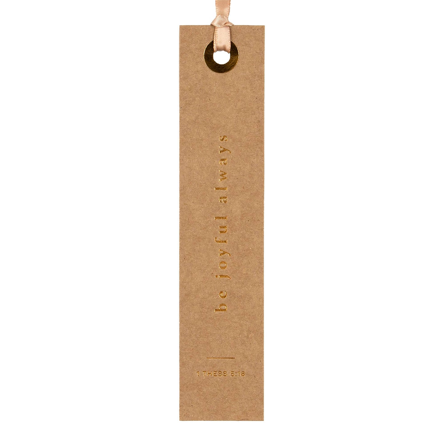 Kraft paper bookmark with 'be joyful always' text on a white background