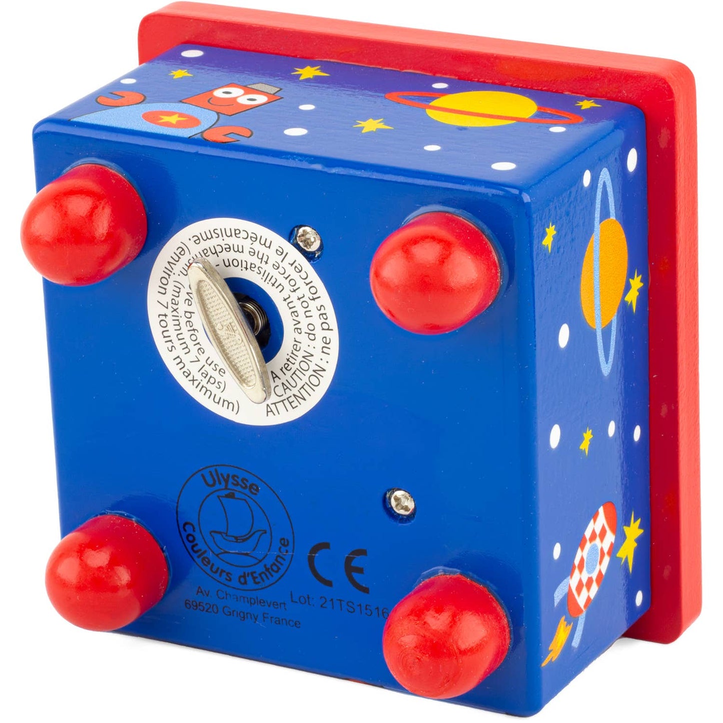 Children's toy with space-themed design and red buttons on a blue background
