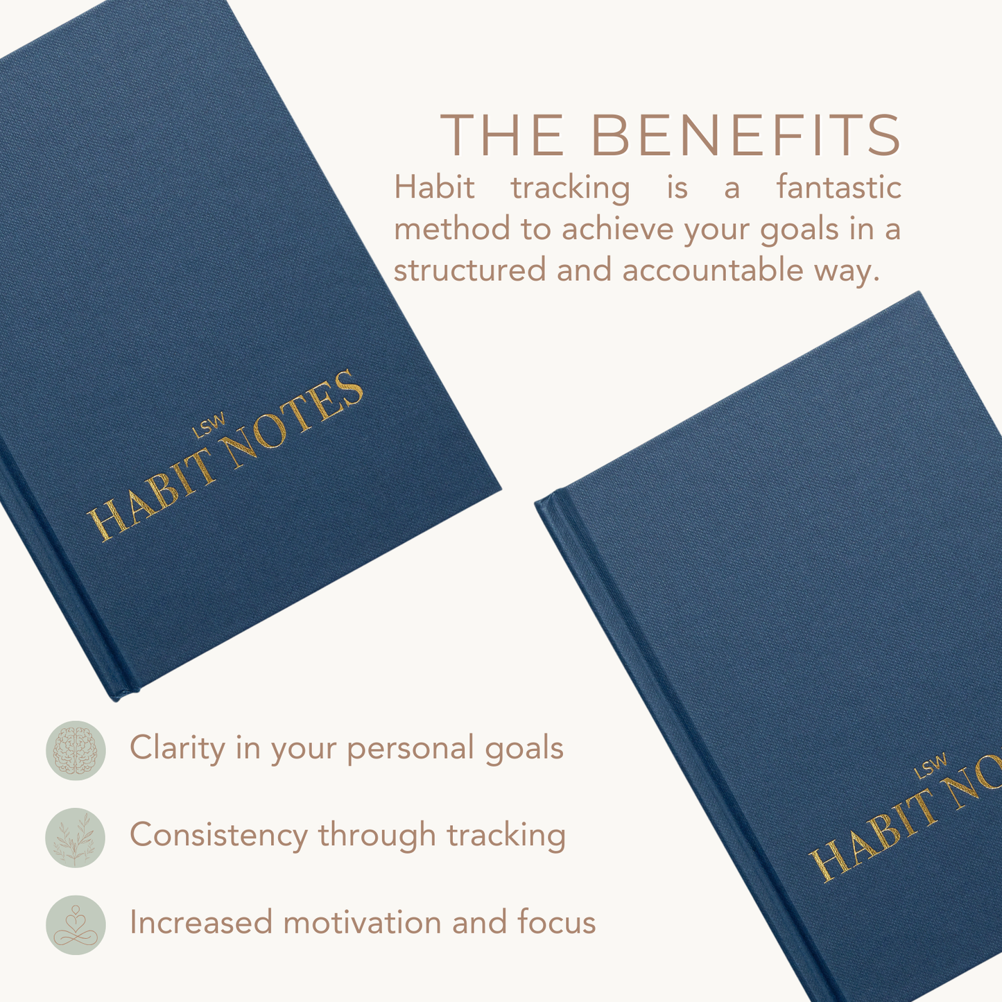 Blue 'Habit Notes' book with text about habit tracking benefits on a white background