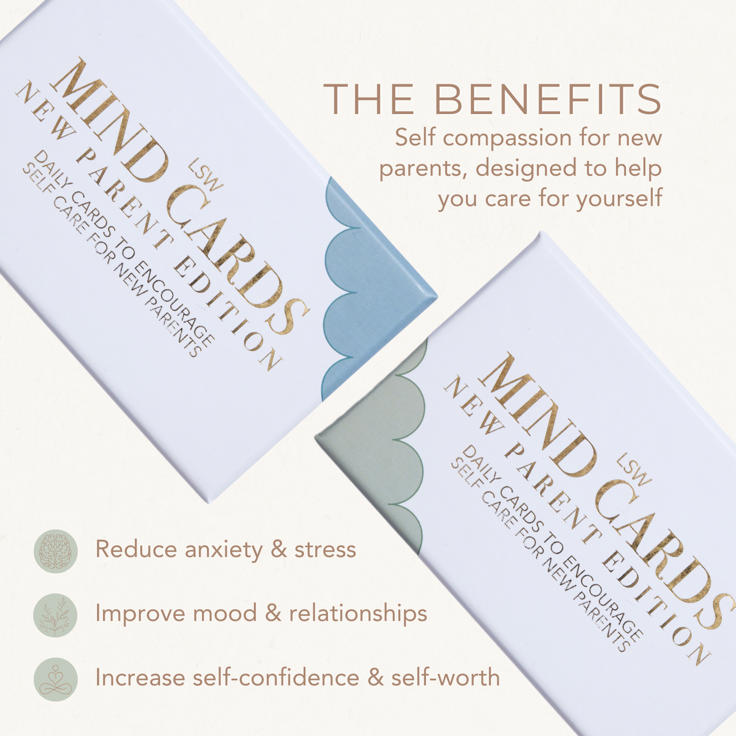MIND CARDS packaging with text about benefits for new parents on a light background