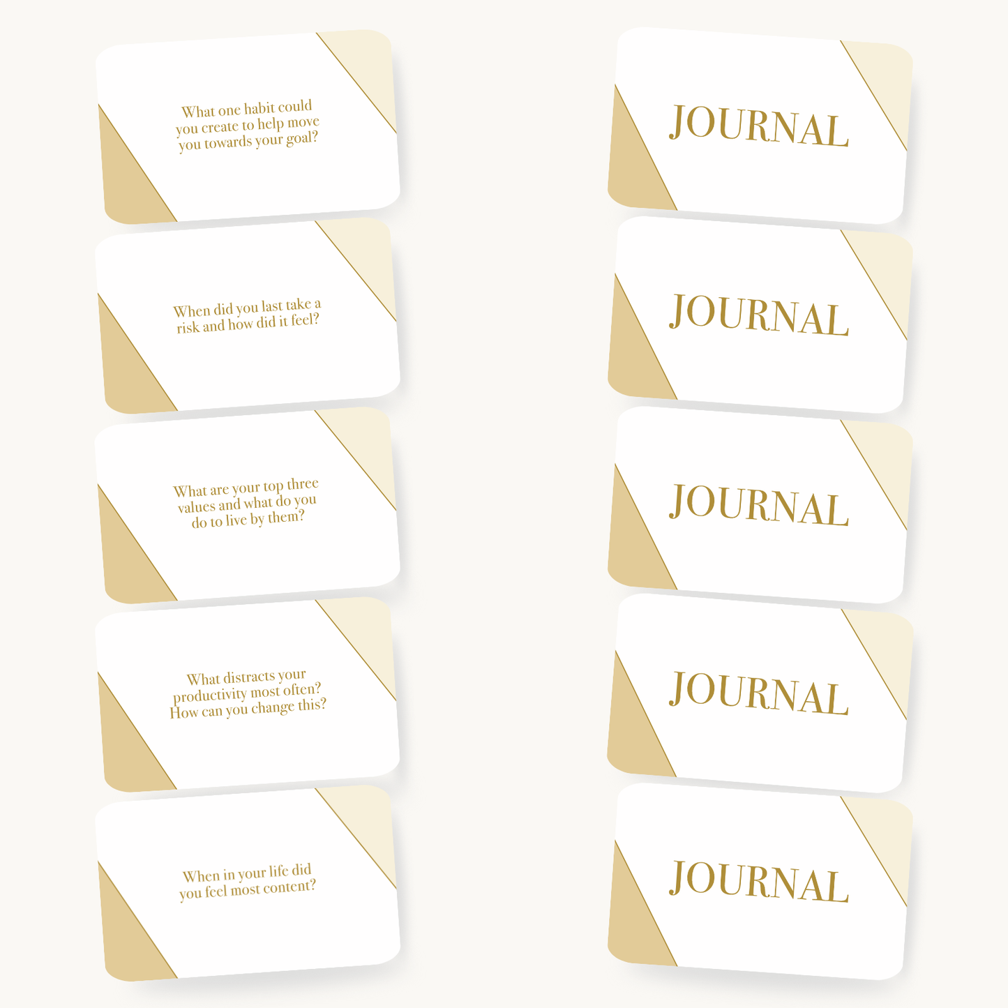 Set of journal cards with gold and white design on a white background
