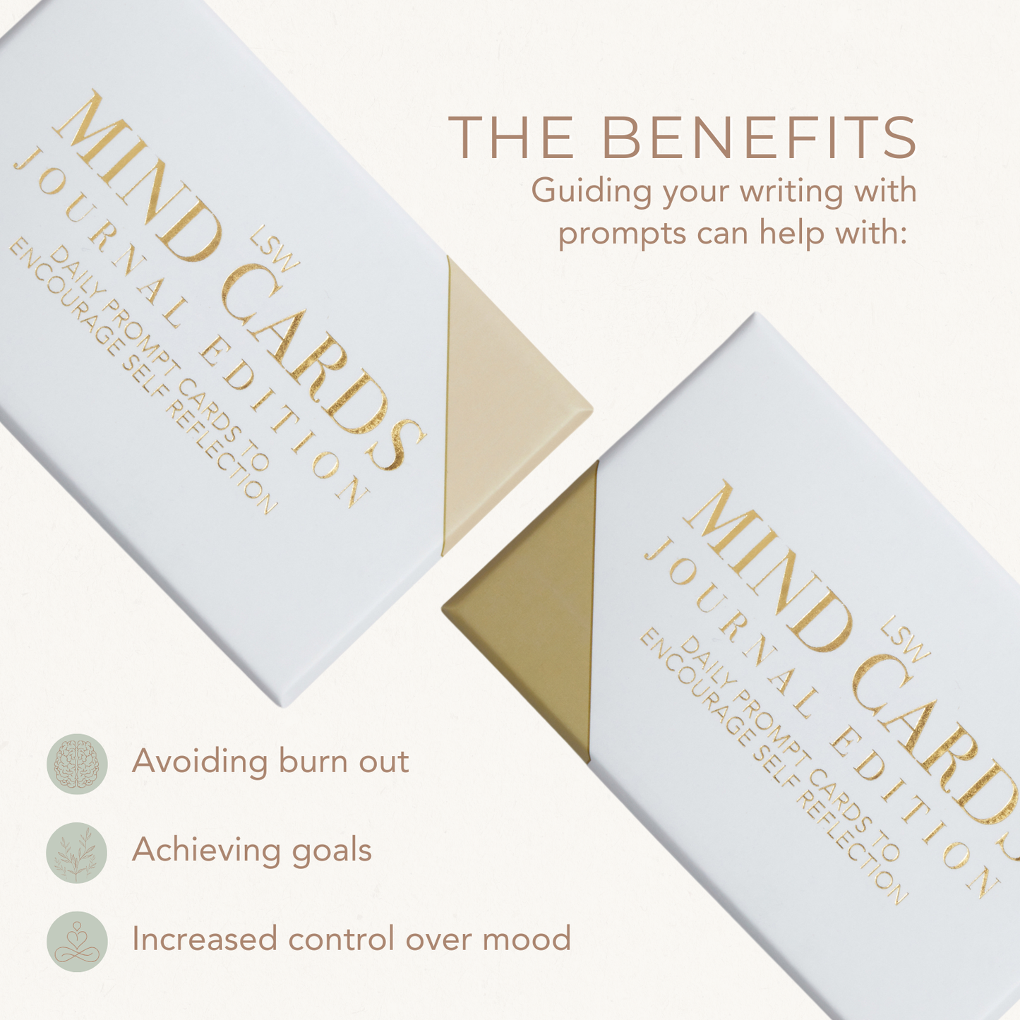 Two boxes of 'Mind Cards Journal Edition' with text about benefits on a white background.