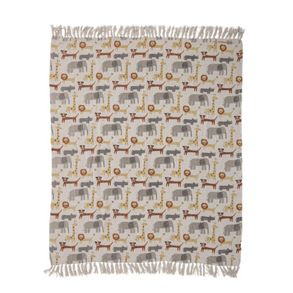The Brett Throw by Bloomingville MINI has a beautiful wild animal pattern. The throw is made of recycled cotton material and has small tassels, which gives a modern look. It is a soft, warm and cozy throw that you easily can use in other rooms than the children's room.  Dimensions: L160cm x H130cm  Material: Recycled Cotton  Machine wash 40 degrees  Tumble Dry Low