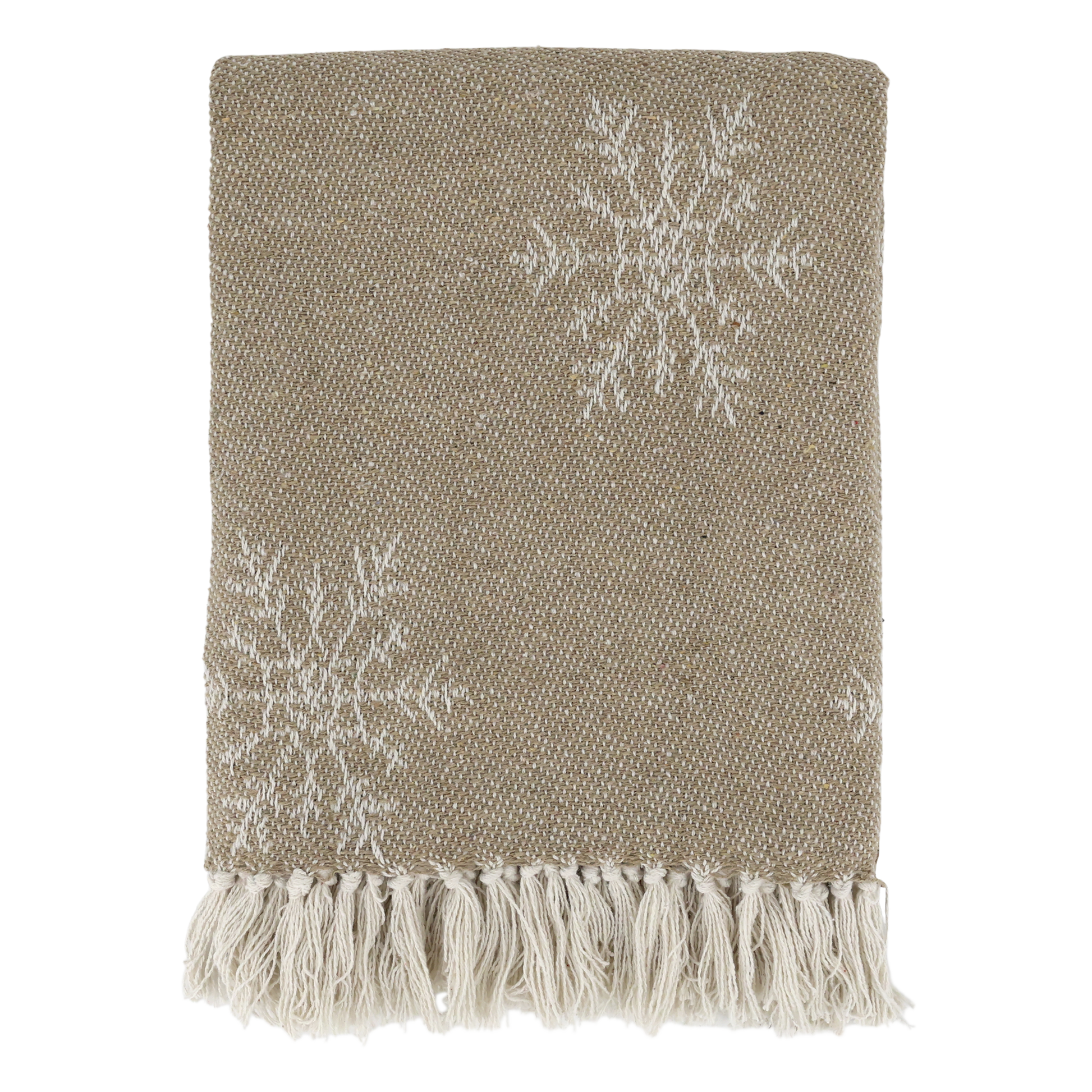 Textured beige throw blanket with white snowflake patterns and fringes on a white background