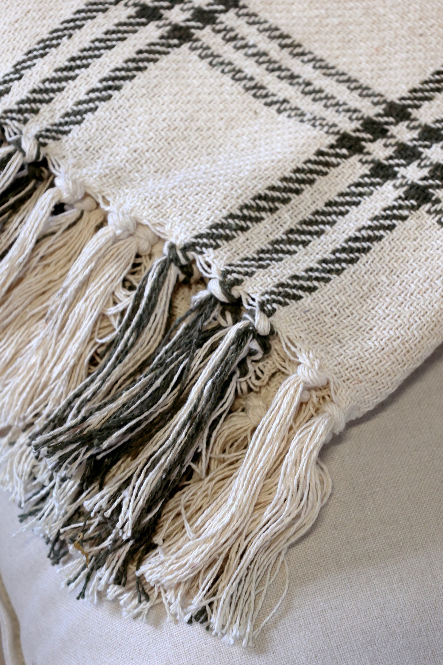 Textile with plaid pattern and tassels on a neutral background