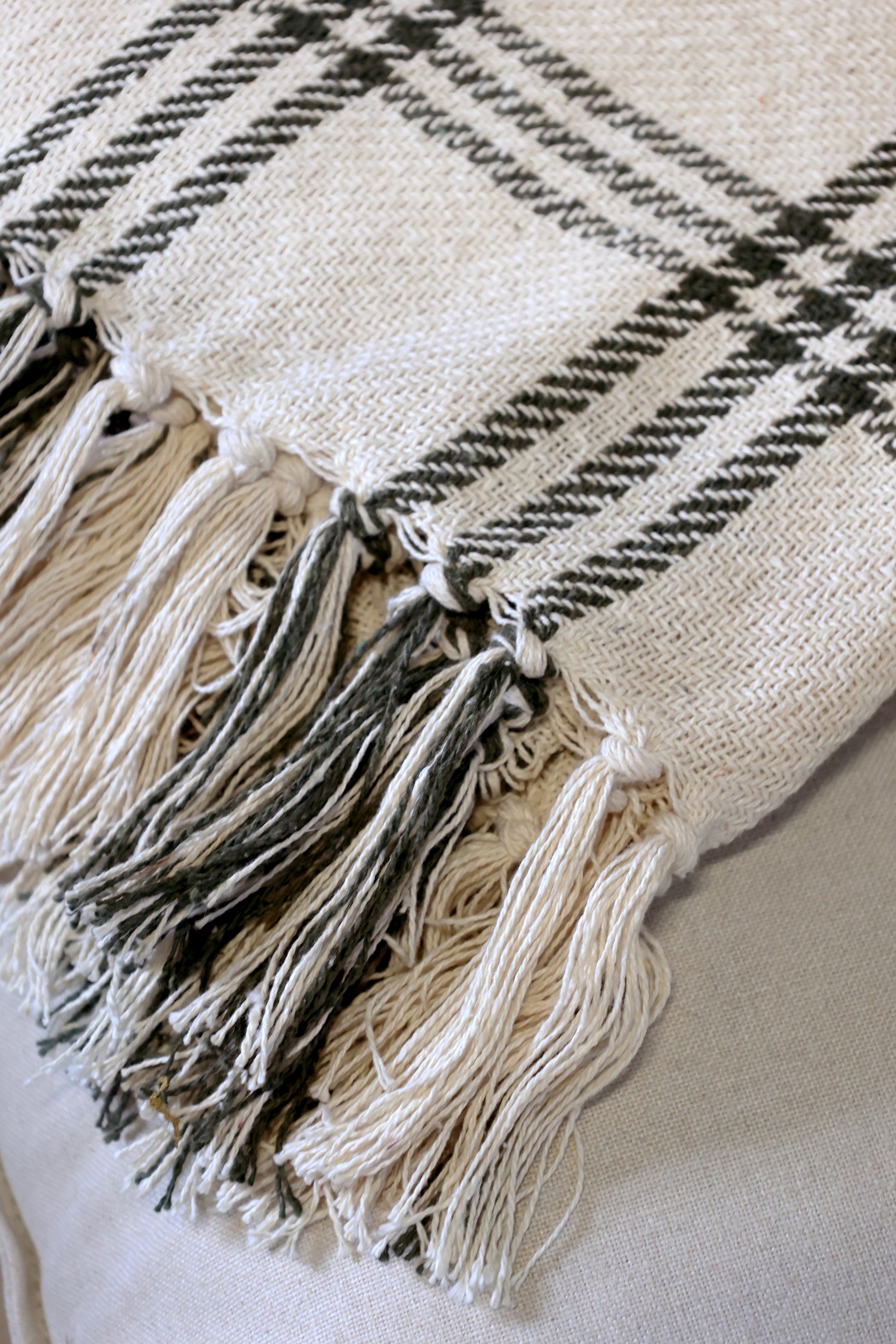 Textile with plaid pattern and tassels on a neutral background