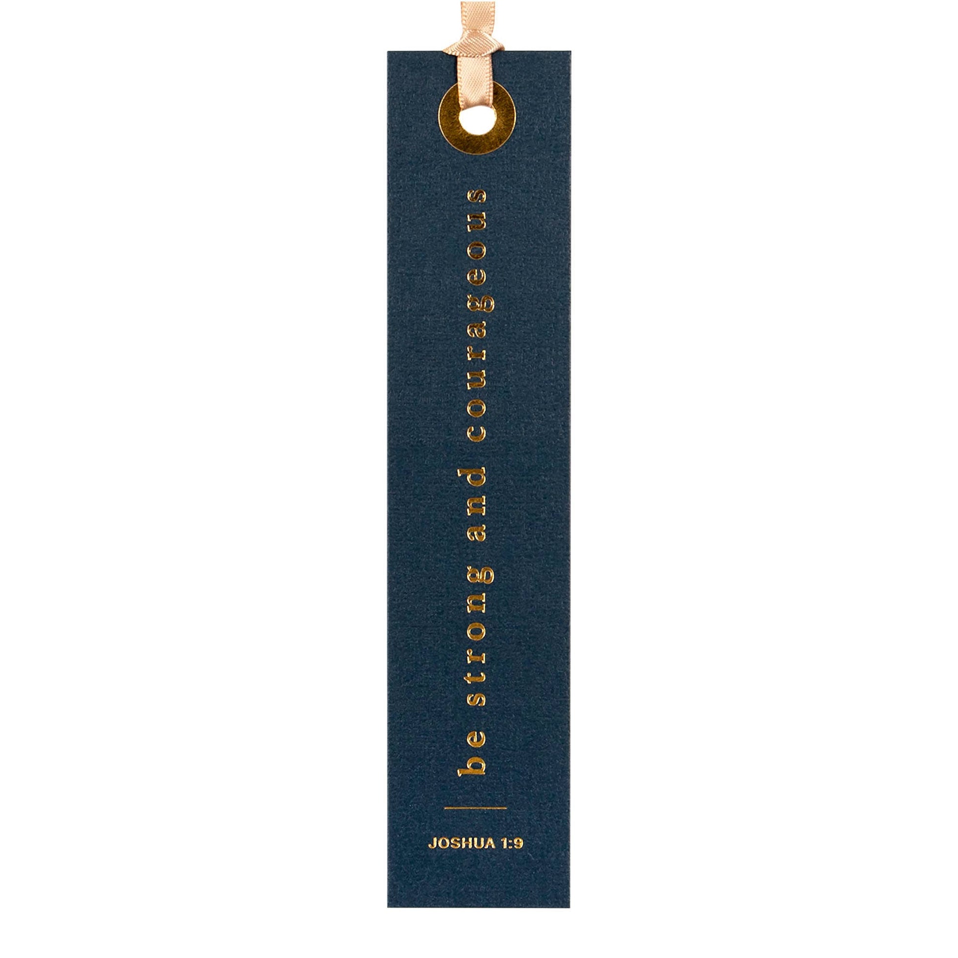 Dark blue bookmark with gold text and a wooden clip on a white background