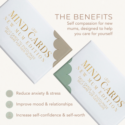 New Mum Edition Mind Cards packaging with text about benefits on a white background