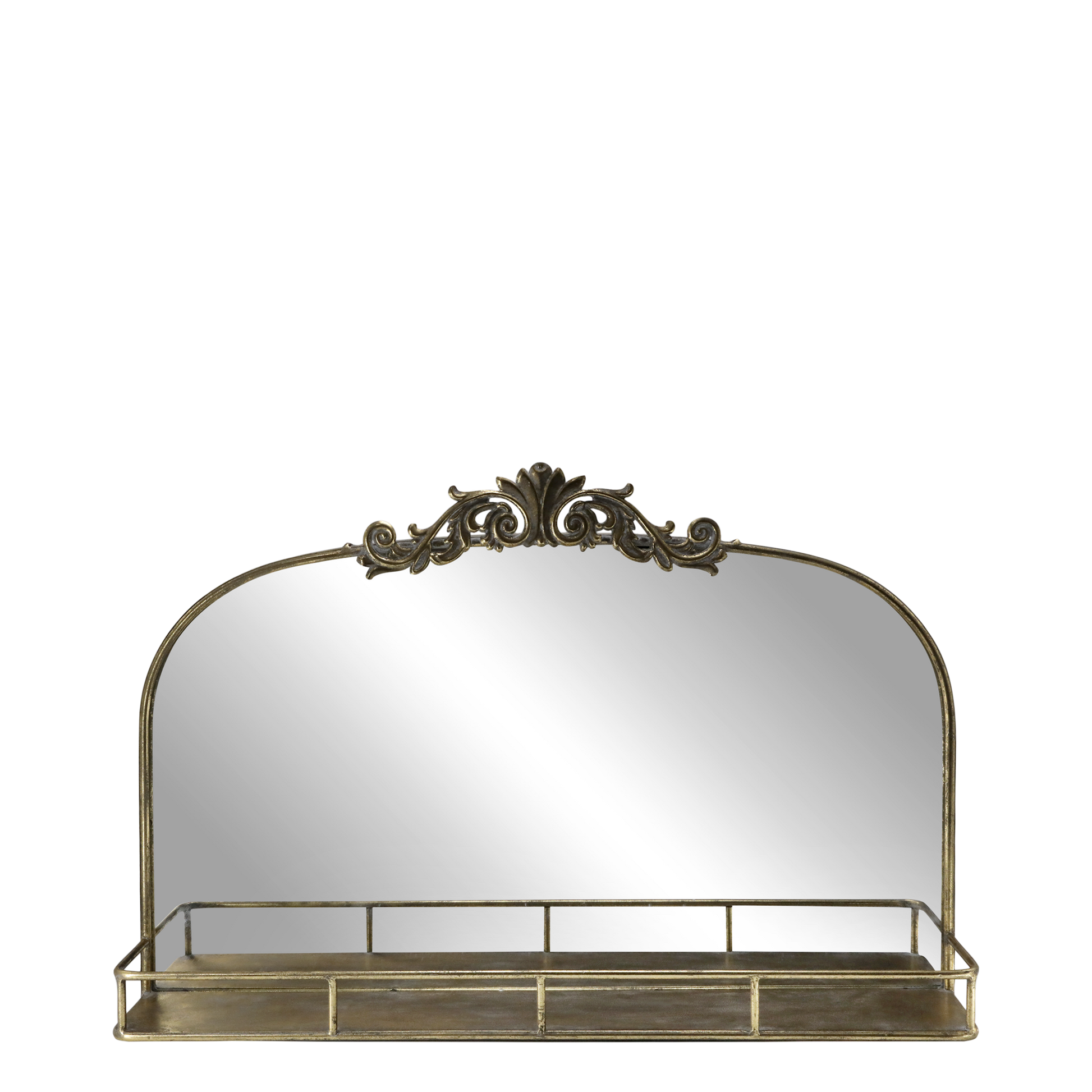 Decorative mirror with gold frame and shelf on a white background