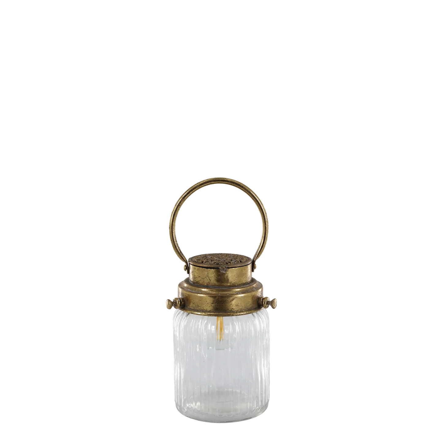 Clear glass lantern with brass lid and handle on a white background
