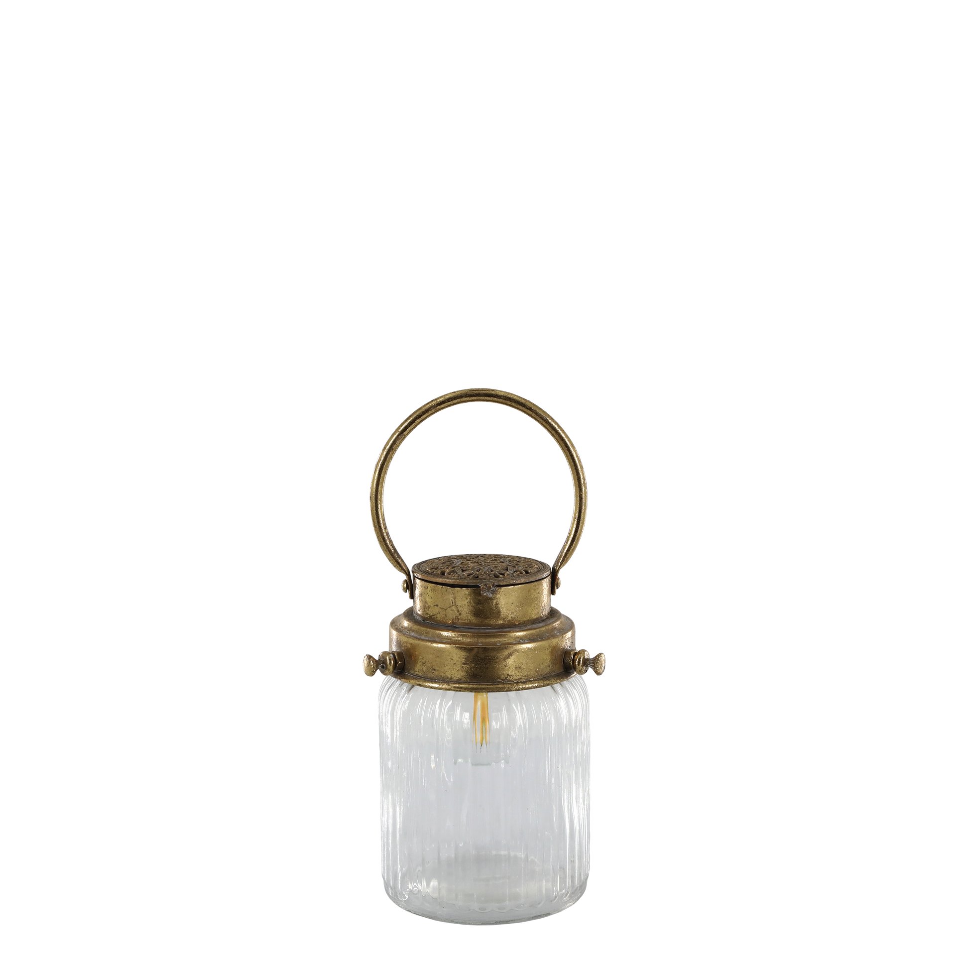 Clear glass lantern with brass lid and handle on a white background