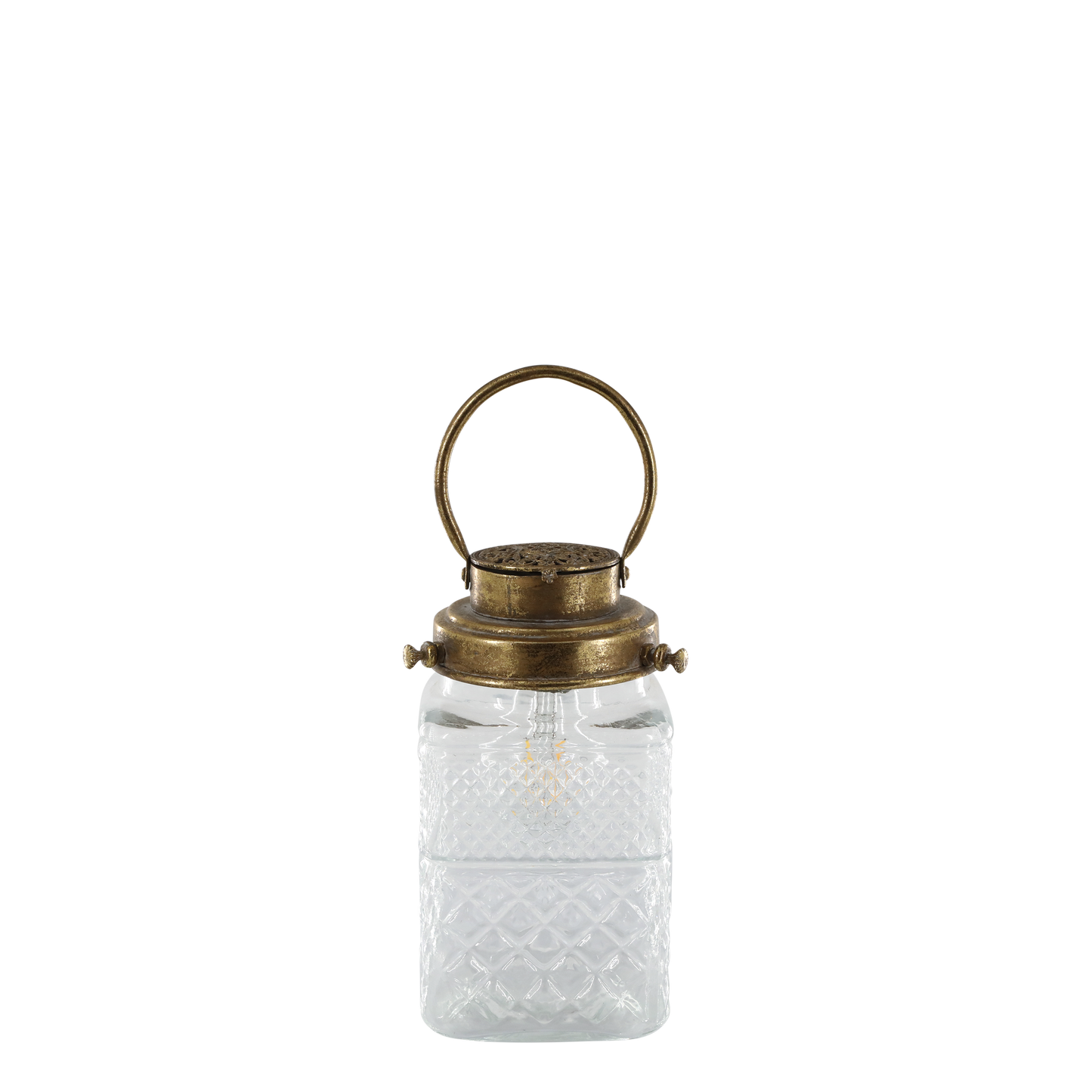 Clear glass lantern with a brass lid on a white background