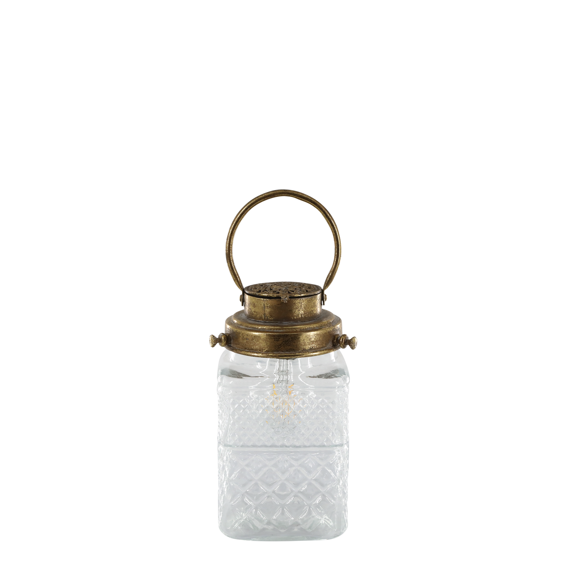 Clear glass lantern with a brass lid on a white background