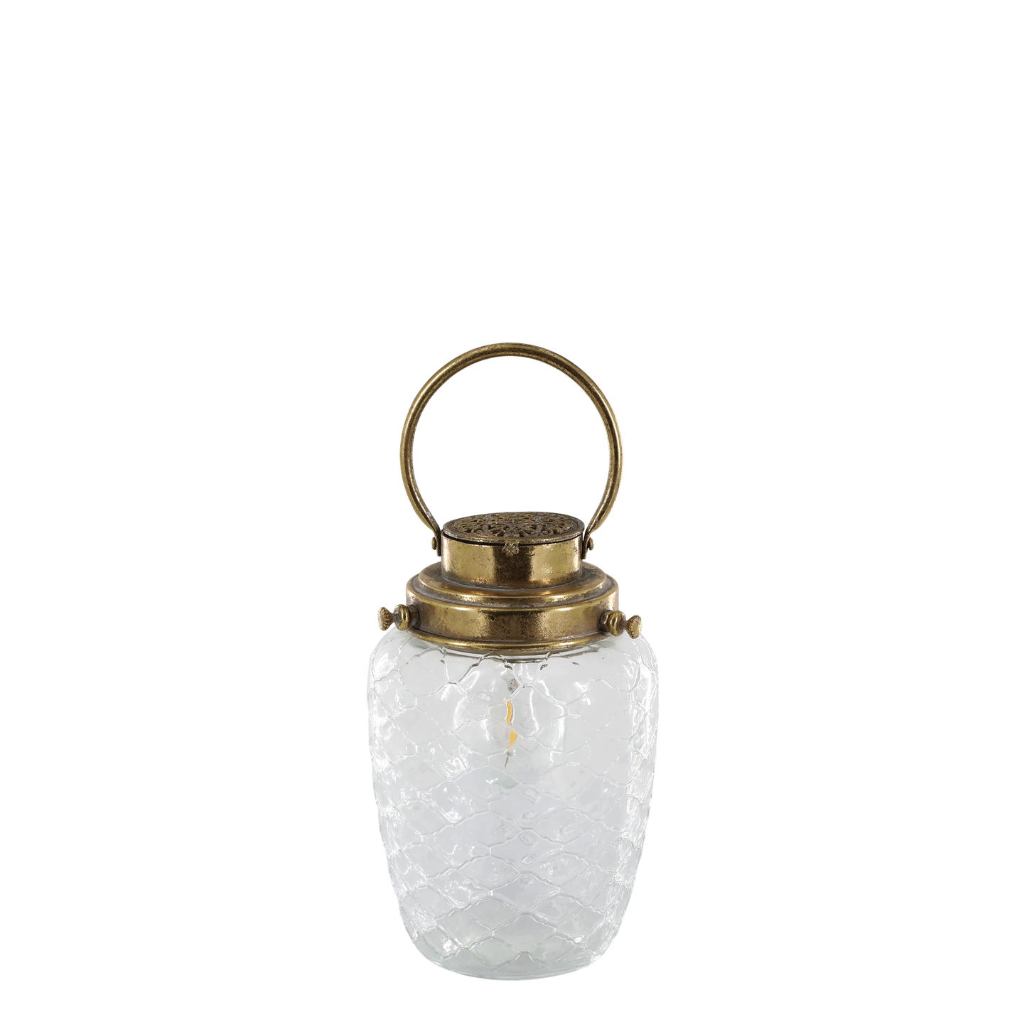Clear glass lantern with brass handle and lid on a white background