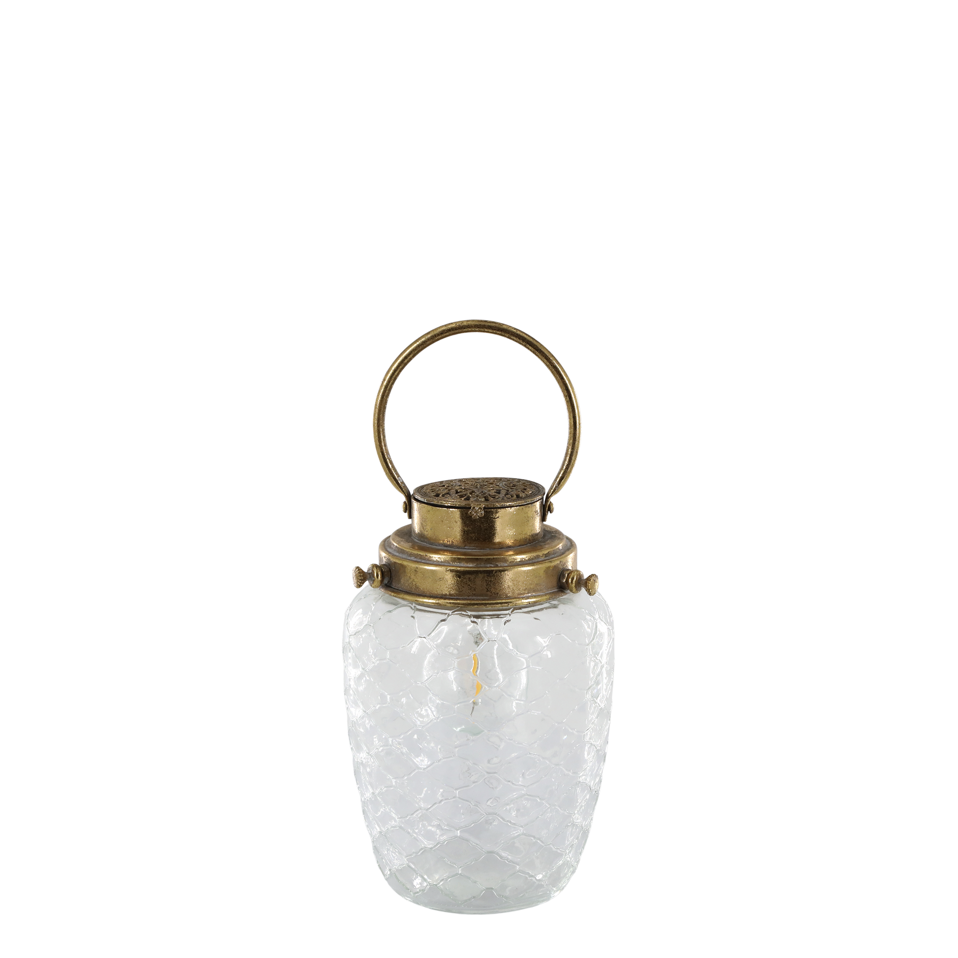 Clear glass lantern with brass handle and lid on a white background