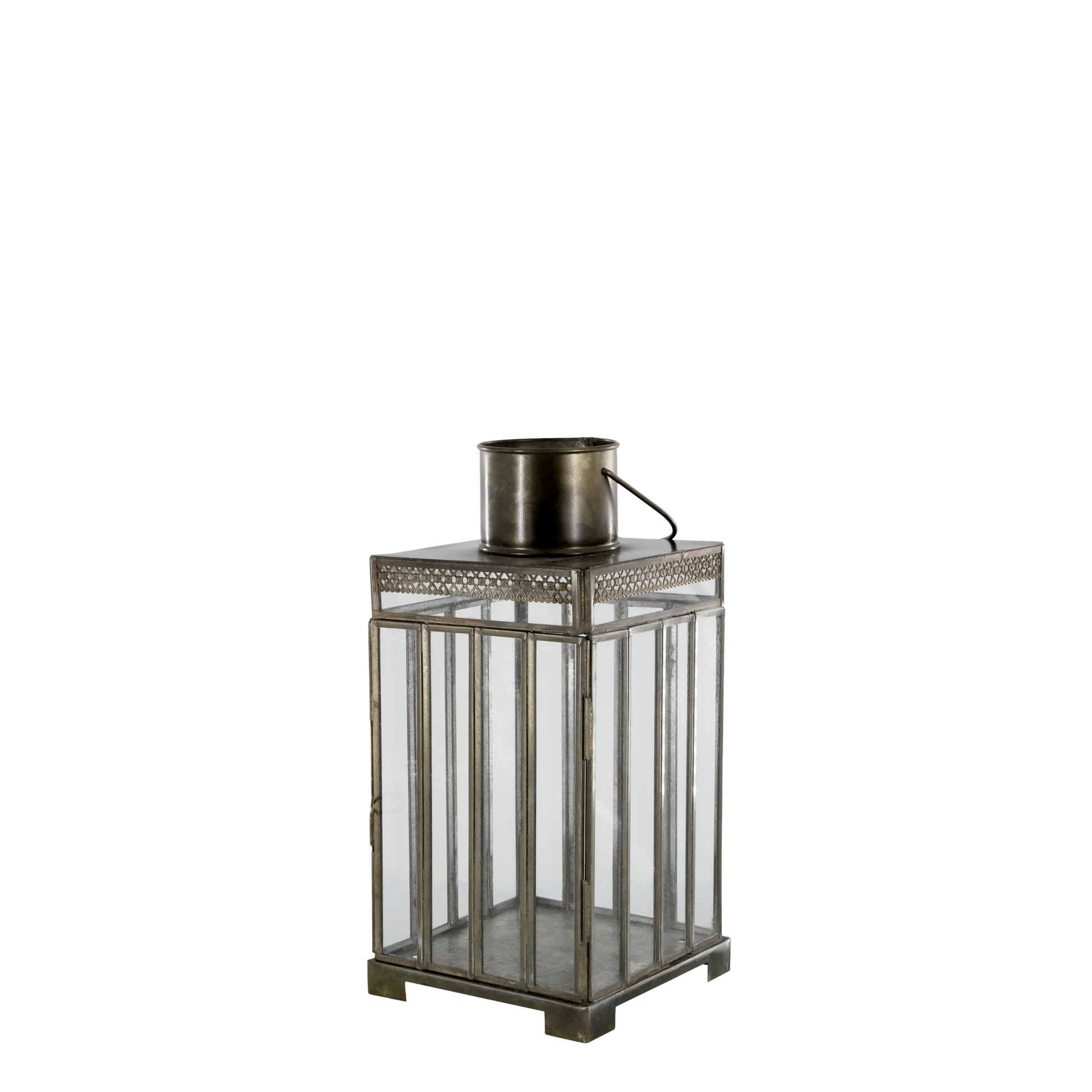 Decorative metal lantern with glass panels on a white background