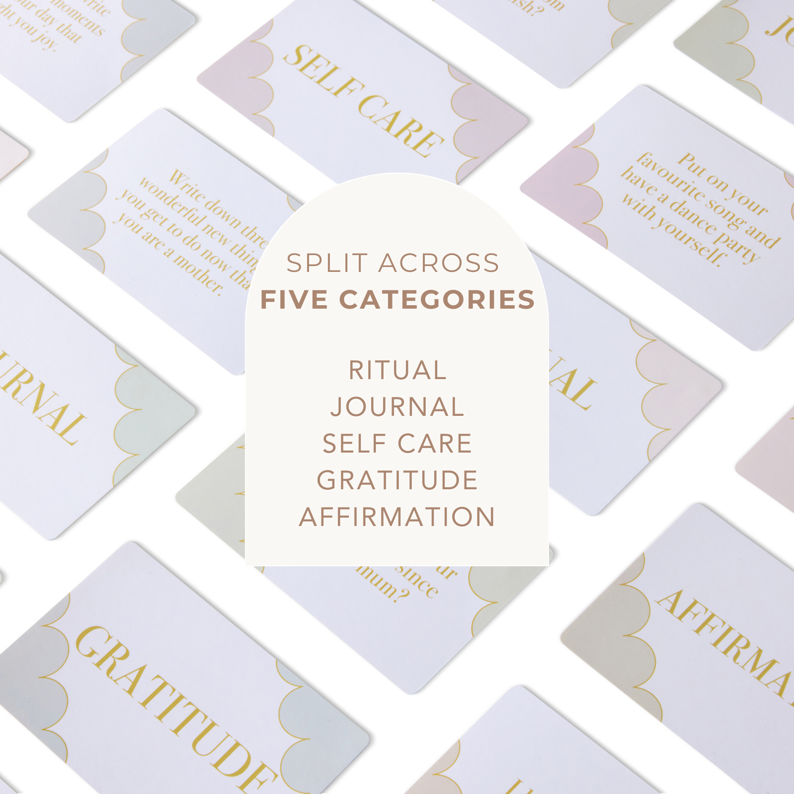 Collage of cards with text categories including 'Self Care', 'Ritual Journal', 'Gratitude', and 'Affirmation' on a light background.