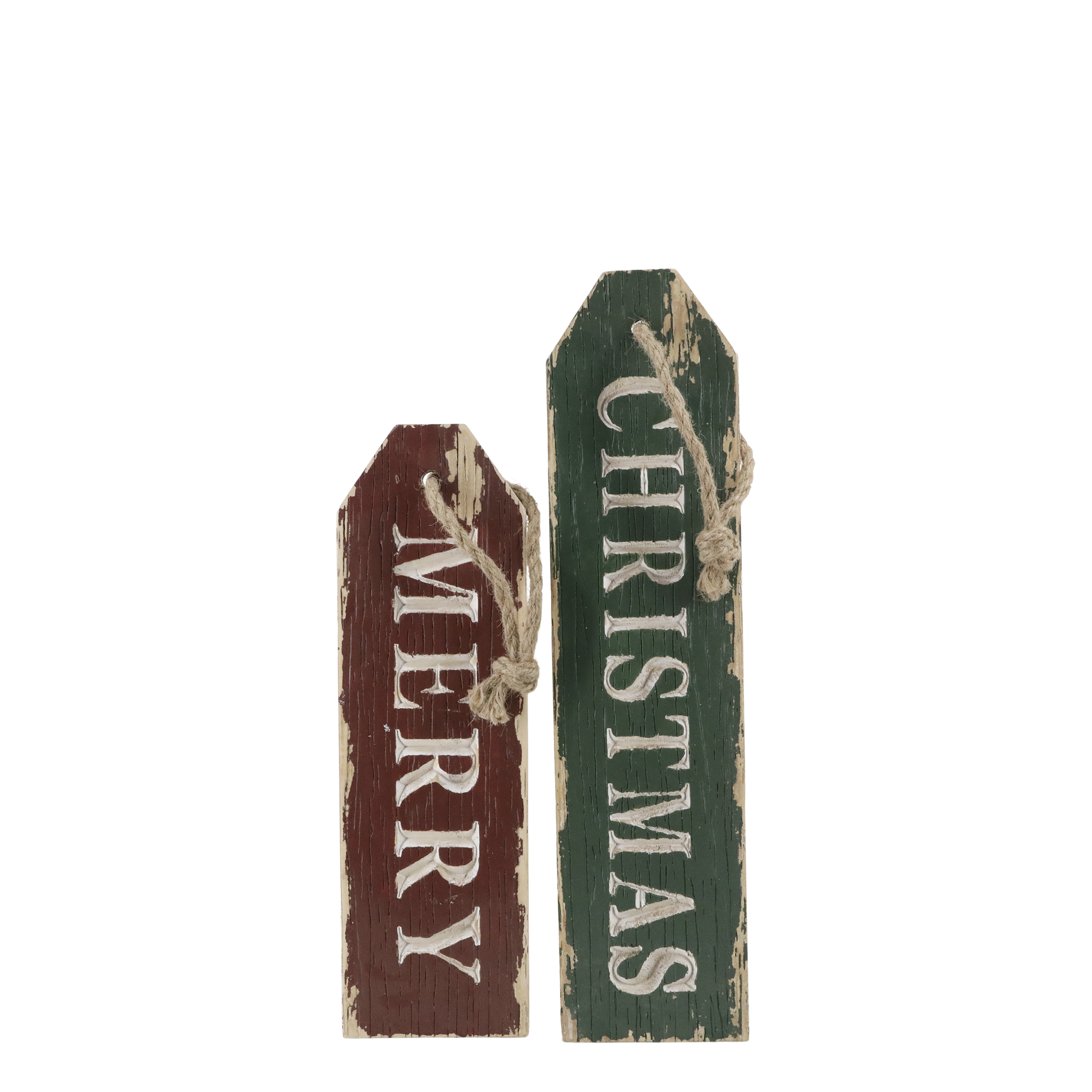 Two wooden Christmas signs, one red and one green, with 'Merry Christmas' text.