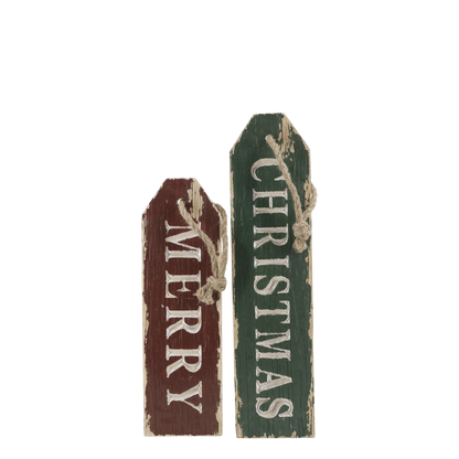 Two wooden Christmas signs, one red and one green, with 'Merry Christmas' text.