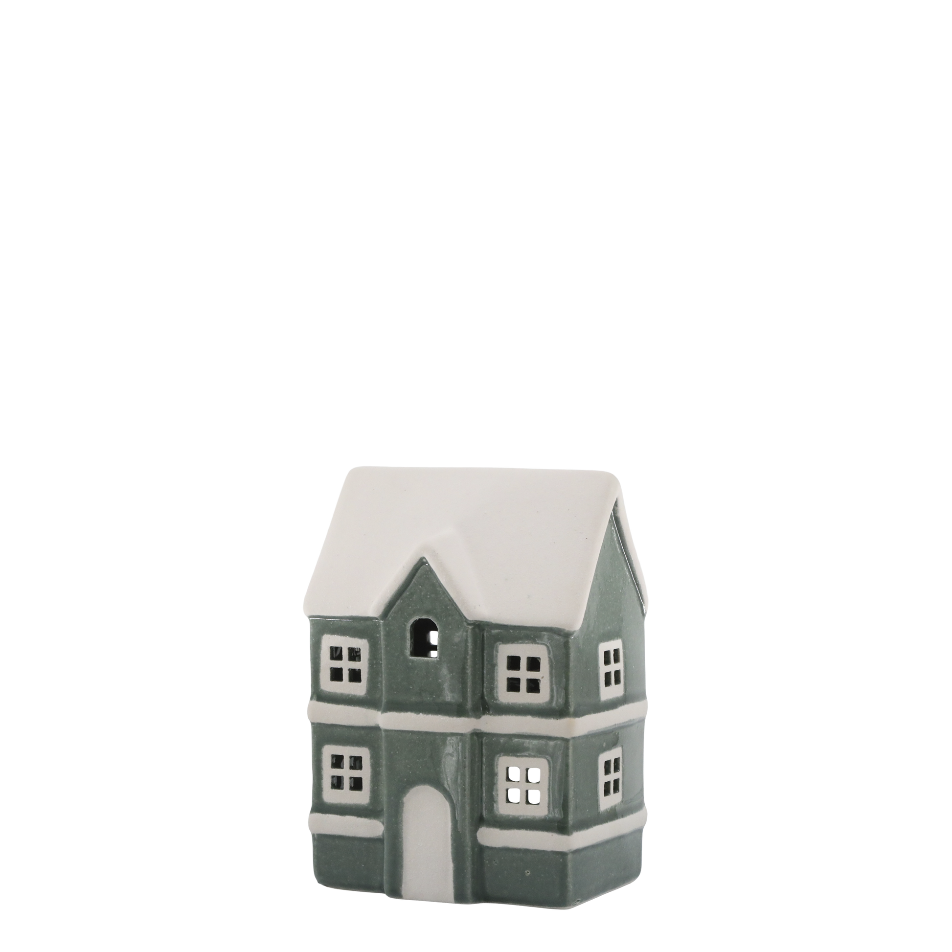 Small ceramic house-shaped vase with a snowy roof on a white background