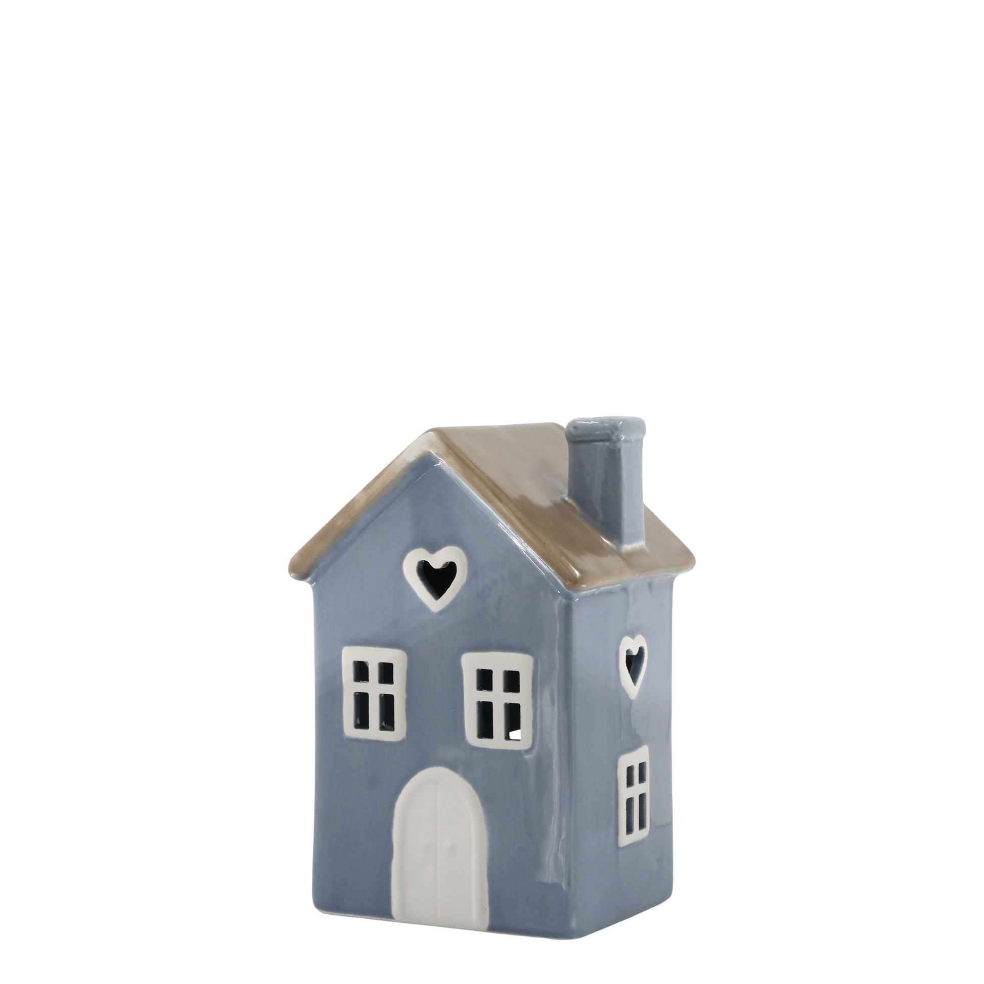 Ceramic house-shaped vase with a heart design on a white background