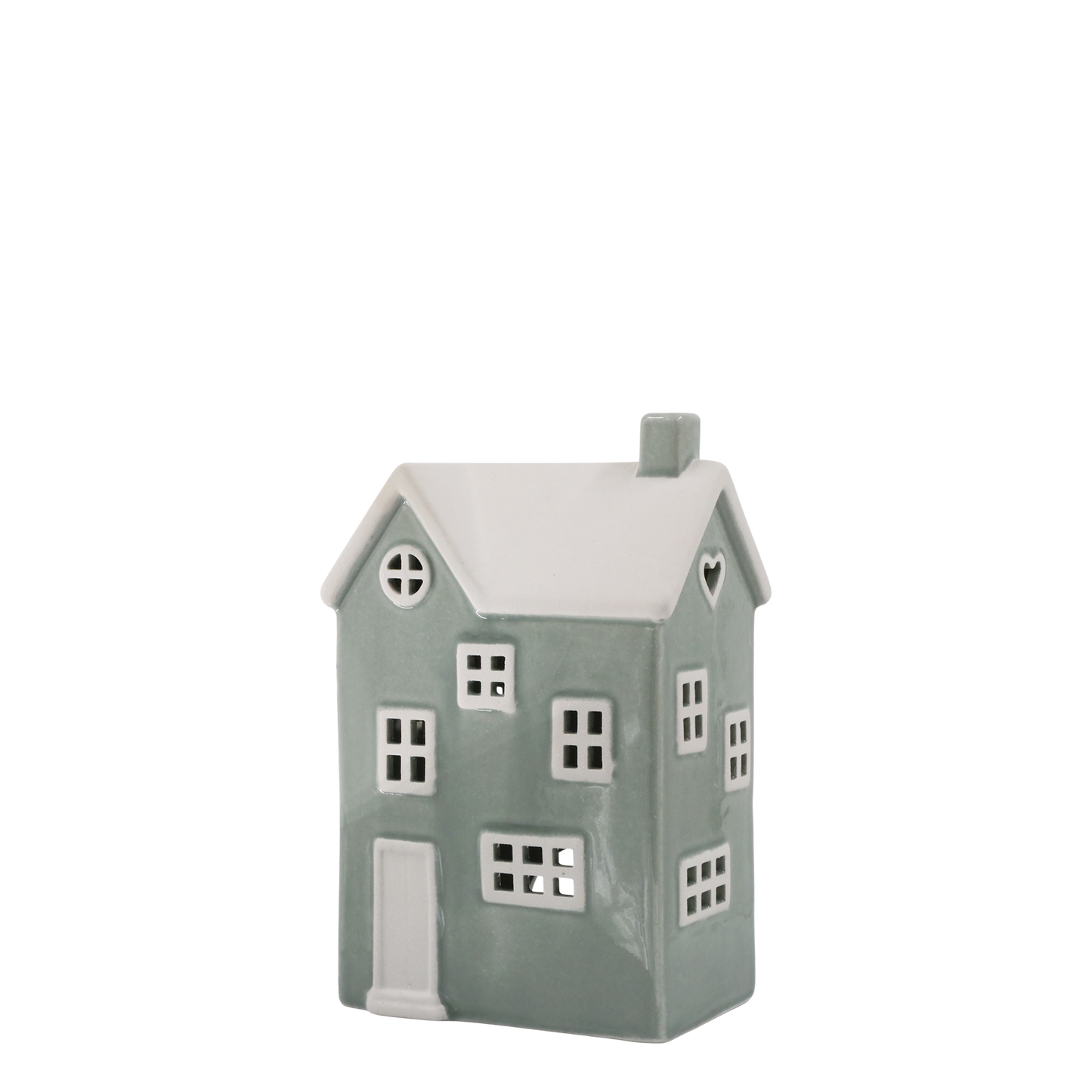 Decorative house-shaped lantern with a white roof on a white background