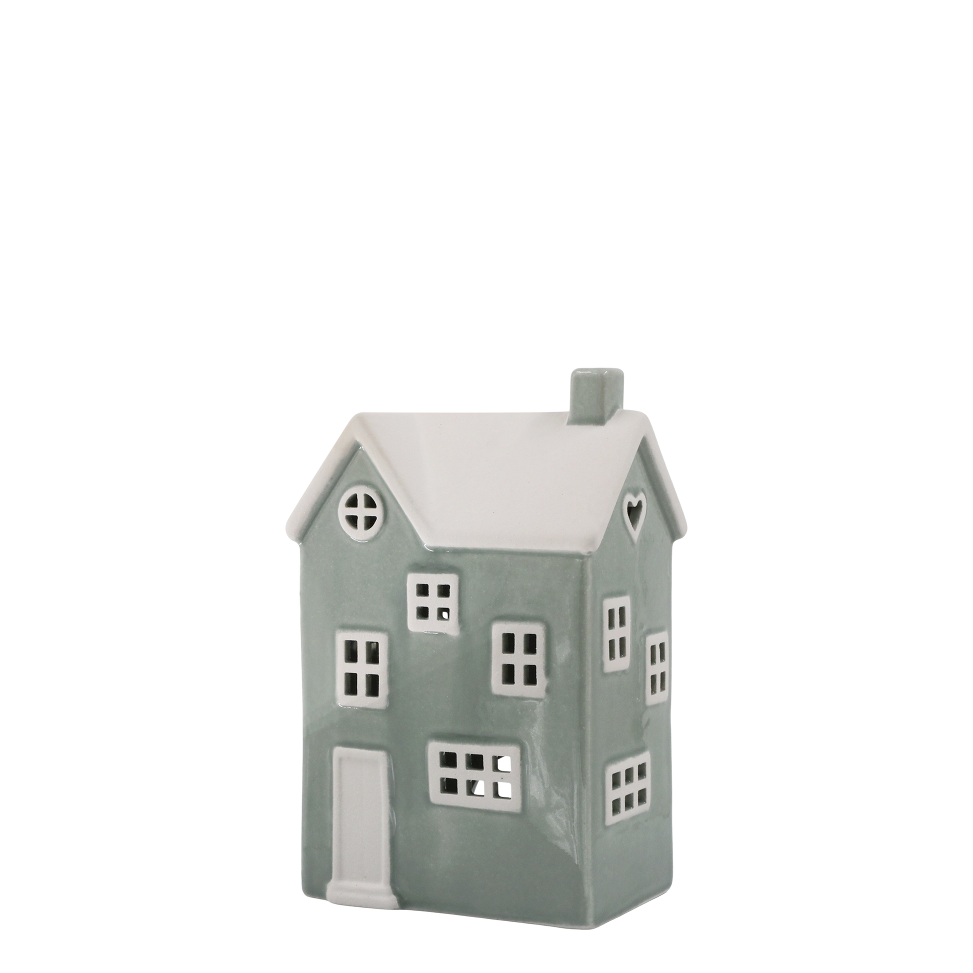 Decorative house-shaped lantern with a white roof on a white background
