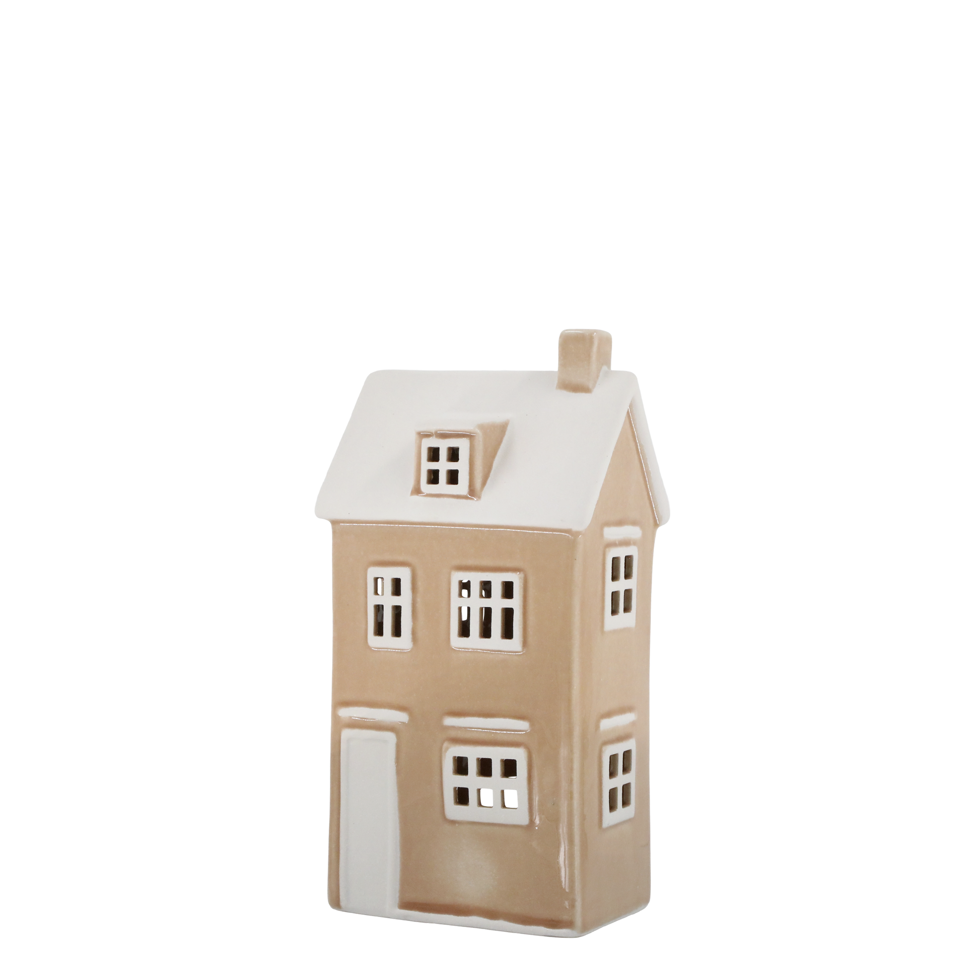 Small ceramic house with a brown body and white roof on a white background