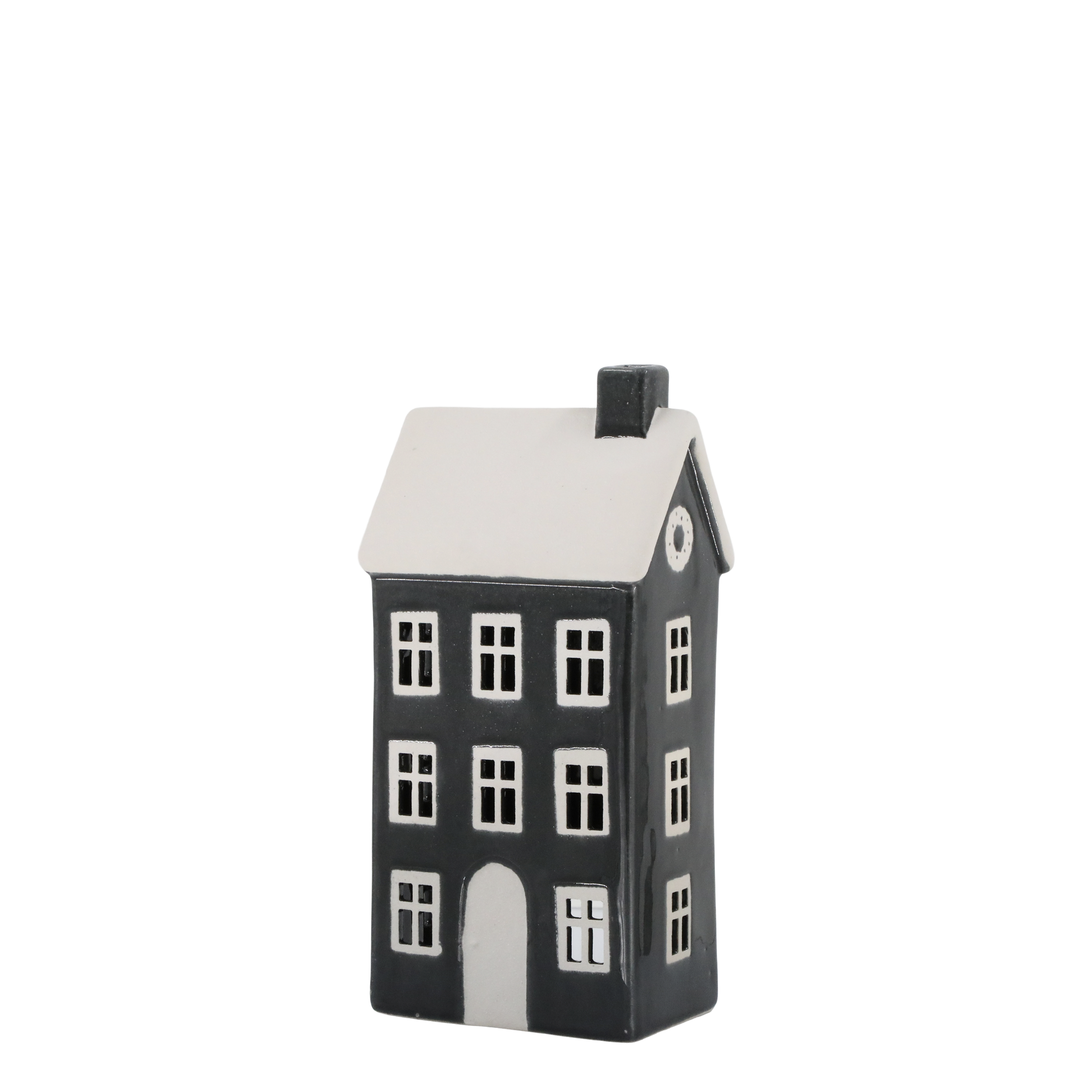 Black and white house-shaped ceramic lantern on a white background