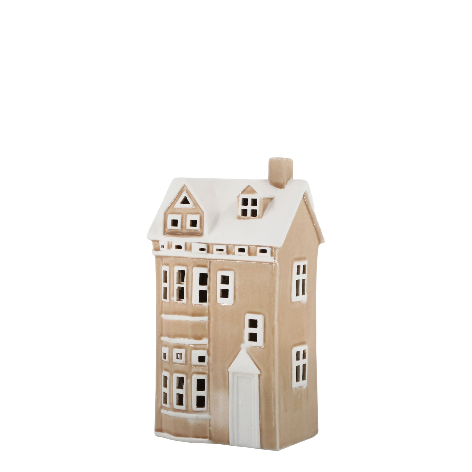 Ceramic house-shaped vase with a beige body and white accents on a white background