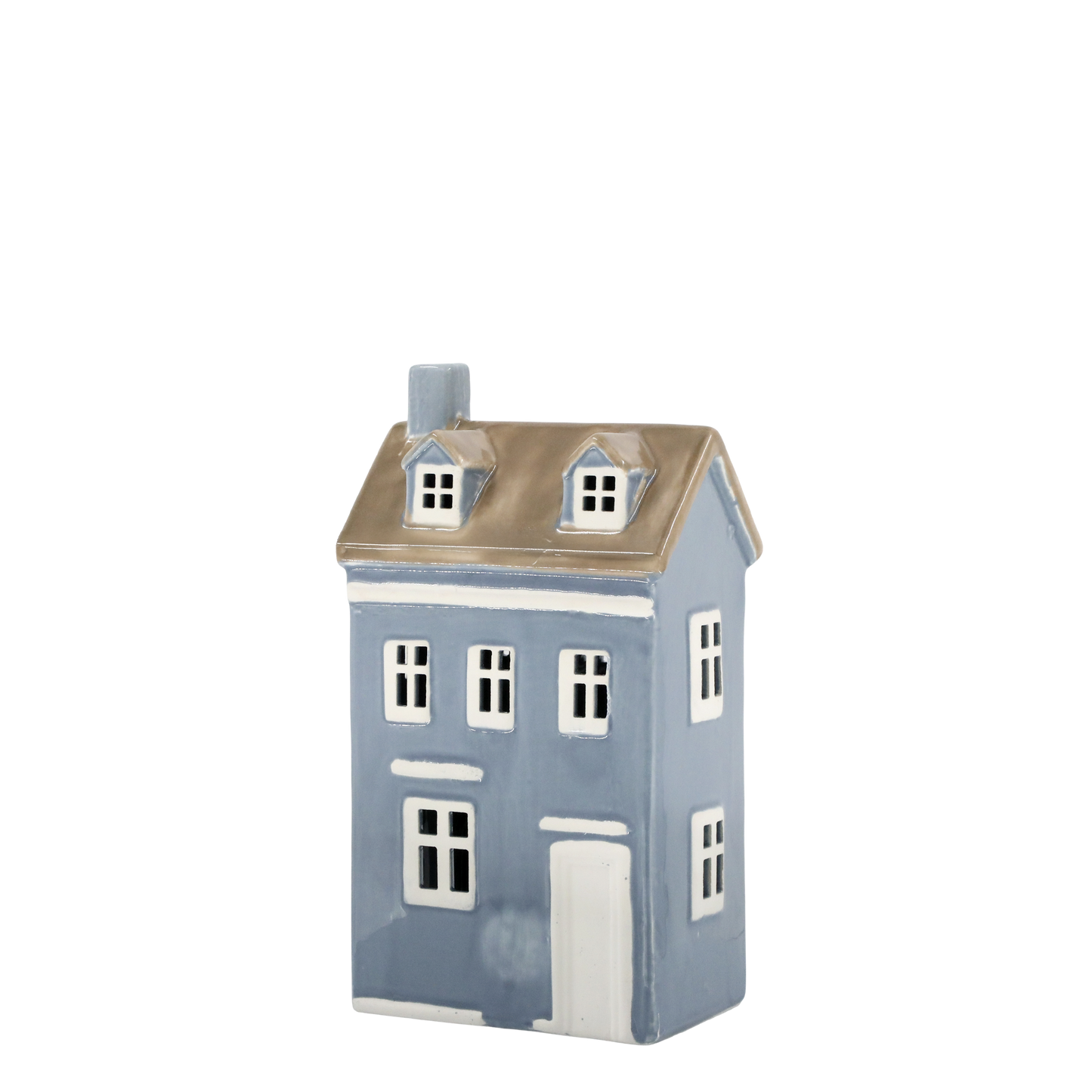 Decorative house-shaped container with a blue body and brown roof on a white background