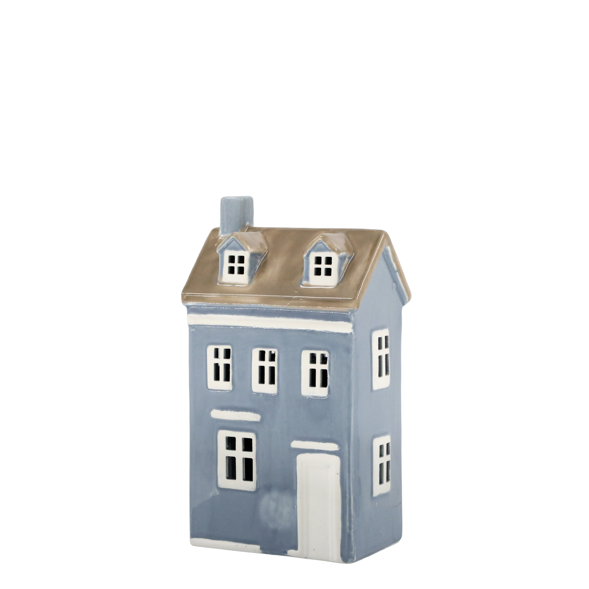 Decorative house-shaped container with a blue body and brown roof on a white background