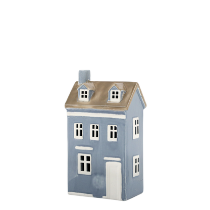 Decorative house-shaped container with a blue body and brown roof on a white background