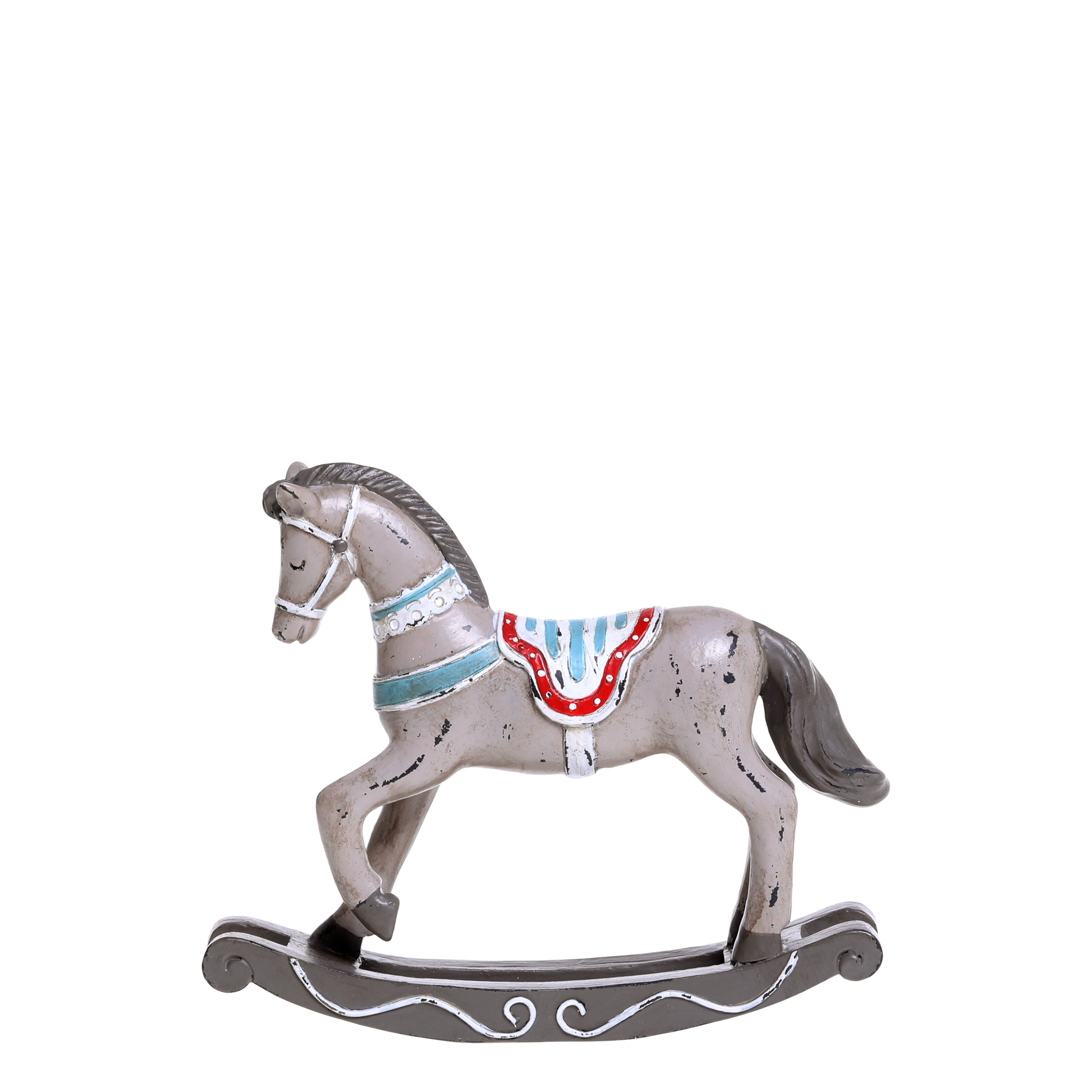 Wooden rocking horse with a decorative saddle on a white background