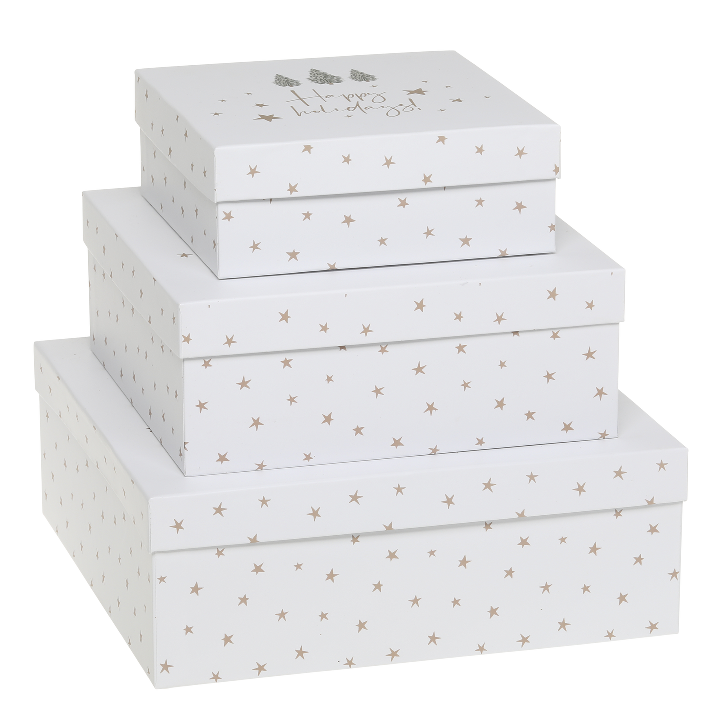 Set of three white storage boxes with star pattern on a white background