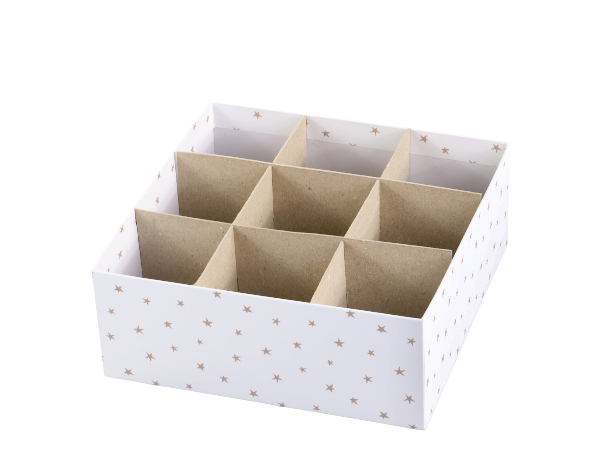 White storage box with star pattern and divided compartments on a white background