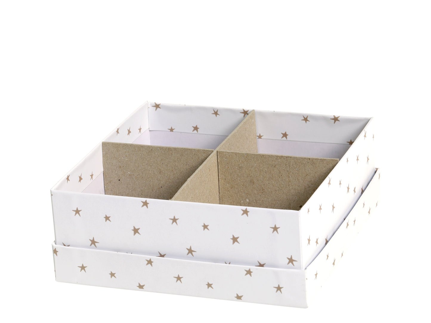 White storage box with star patterns and divided compartments on a white background