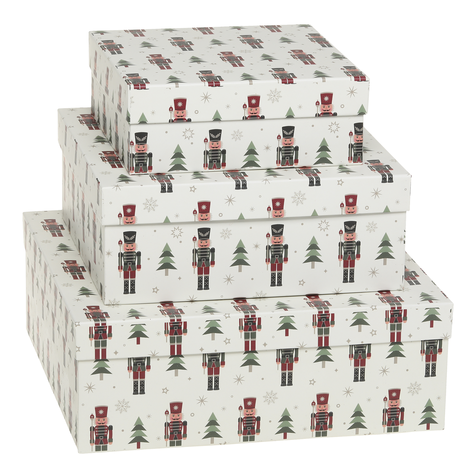Set of three decorative boxes with nutcracker and Christmas tree pattern on a white background