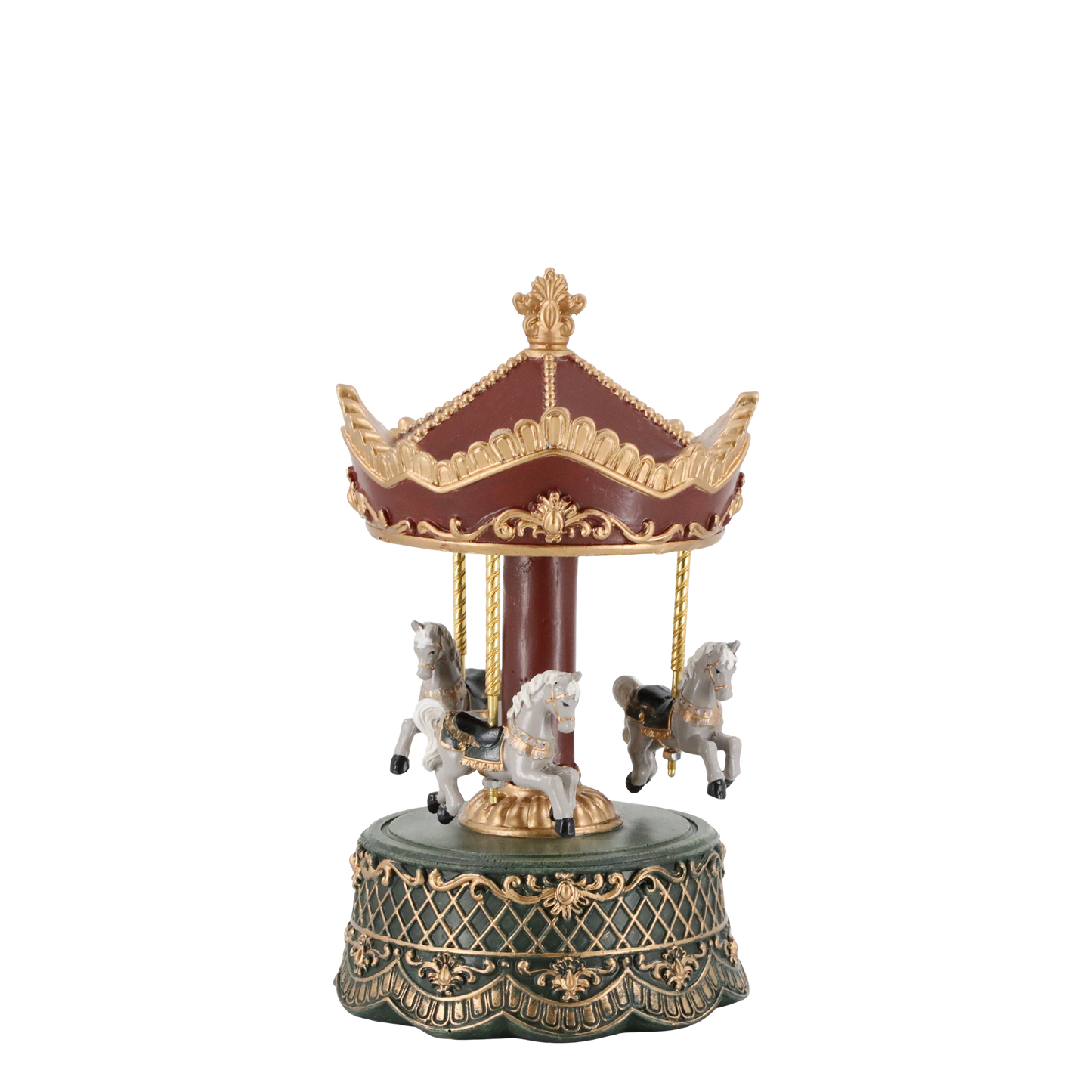 Decorative carousel figurine with horses on a white background