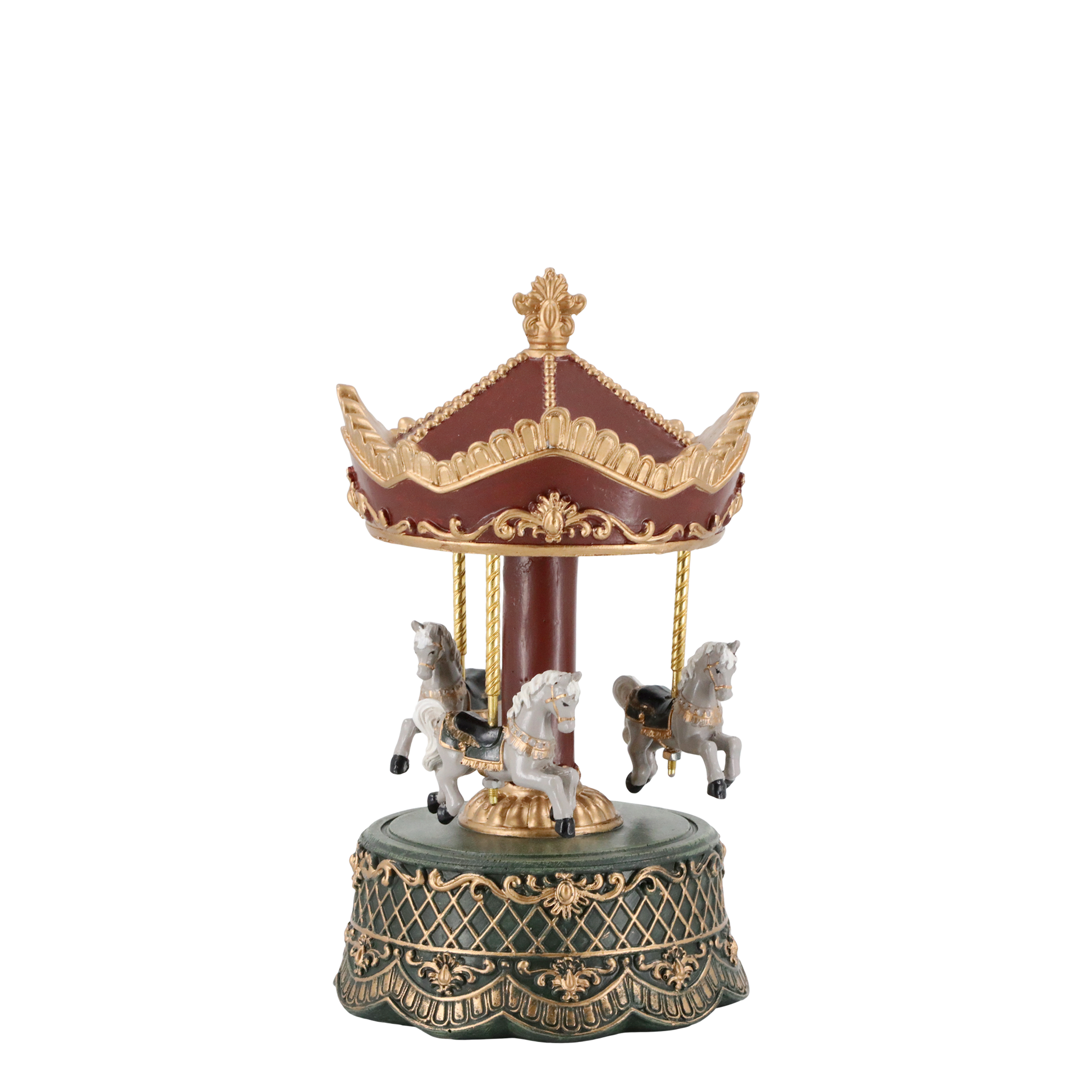 Decorative carousel figurine with horses on a white background