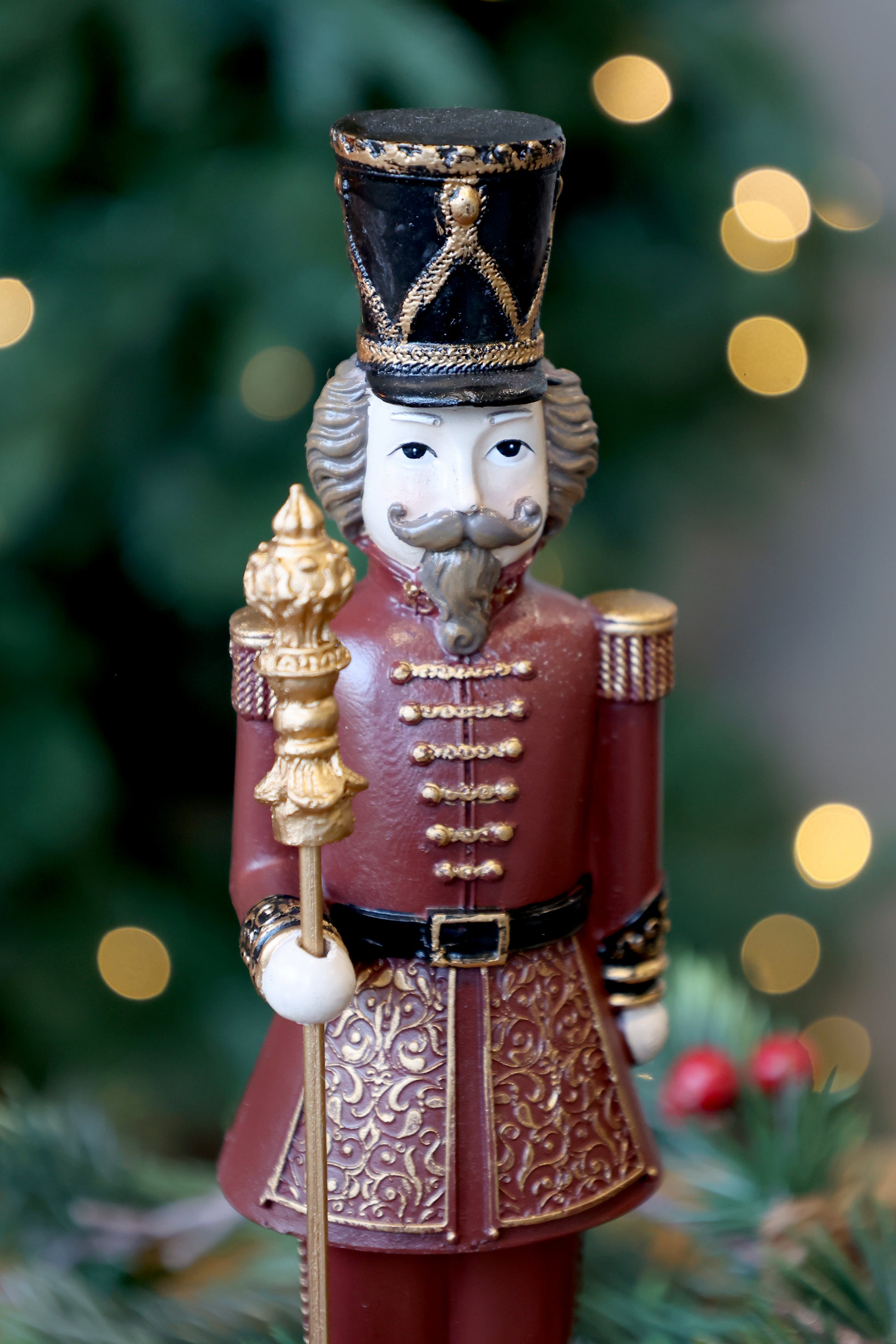 Decorative nutcracker figure with a festive background